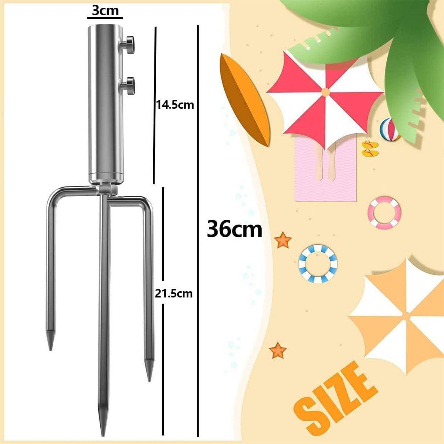 Silber-Strandschirm-Sandanker mit Abmessungen: Gesamthöhe 36 cm, oberer Teil 14,5 cm, unterer Teil 21,5 cm. Illustriert mit Strandutensilien.