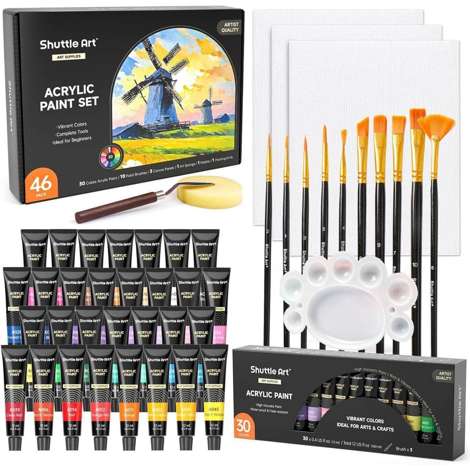 Acrylfarben Set 46-teilig 30 Farben Pinsel Leinwände Palette