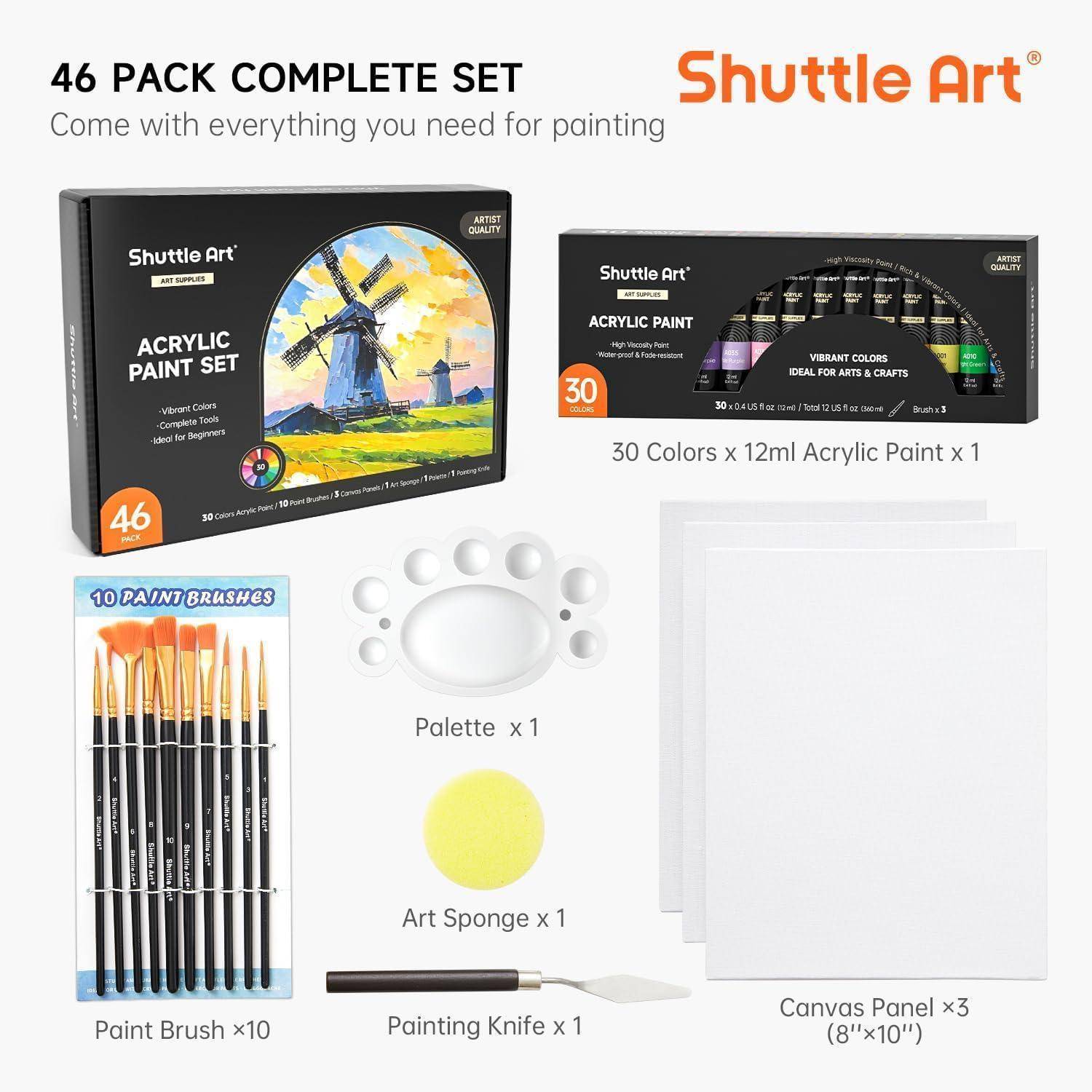 Acrylfarben Set 46-teilig 30 Farben Pinsel Leinwände Palette