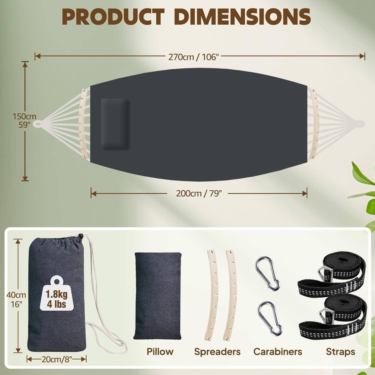 Hängematte aus Baumwolle mit Spreizstab & Kopfkissen, 300kg, tragbar