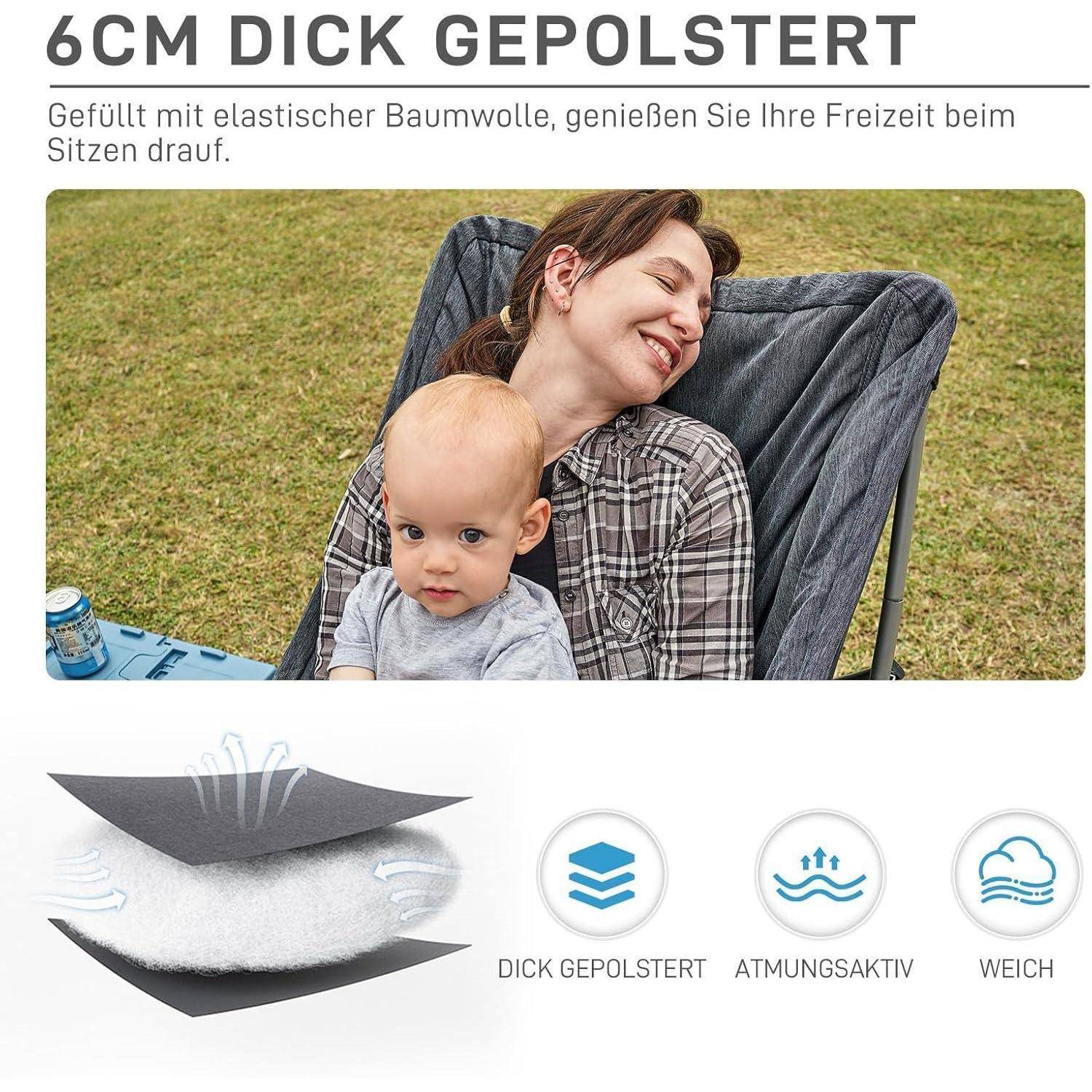 Luxus Campingstuhl faltbar 6CM gepolstert hohe Rückenlehne 120KG