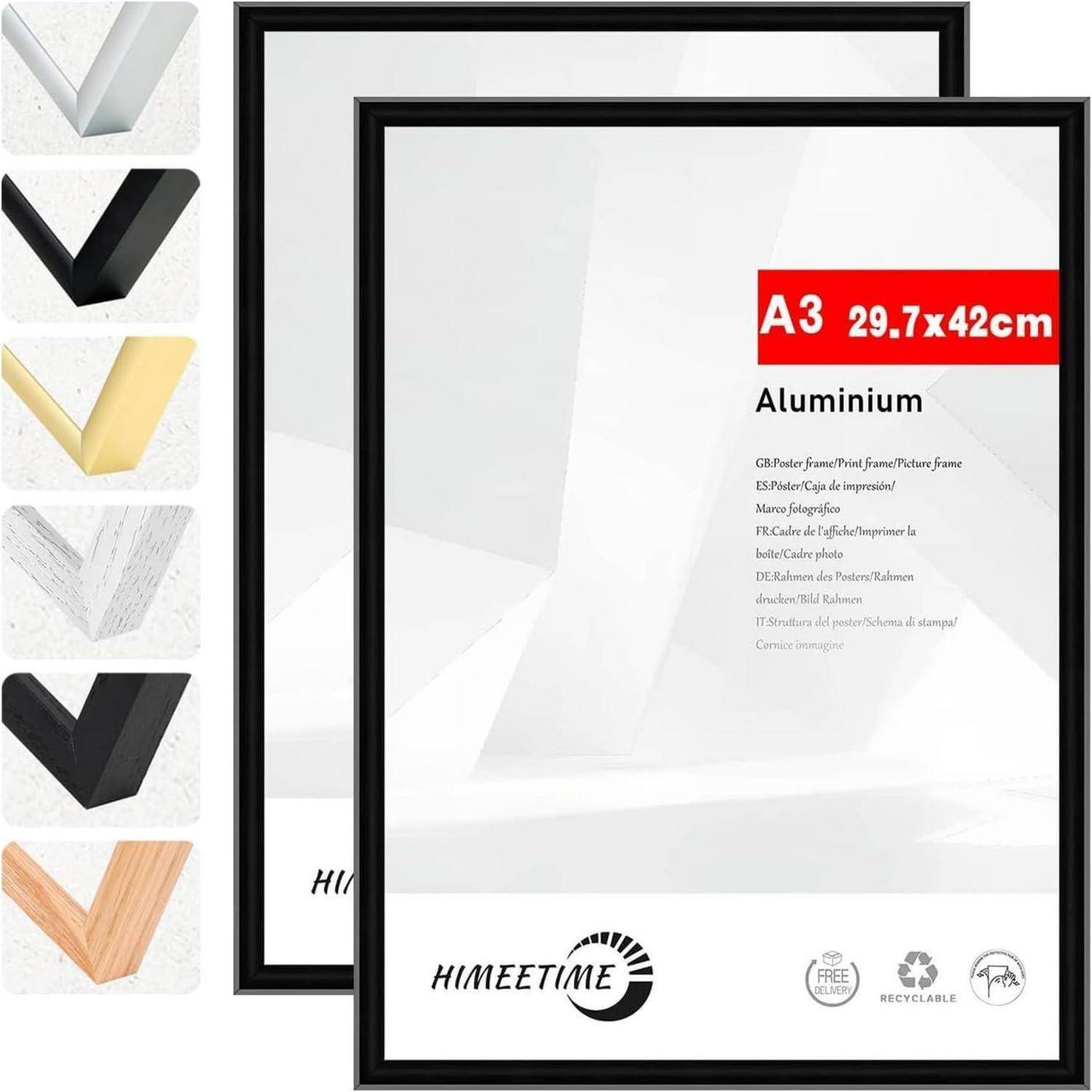 Aluminium Fotorahmen A3, 29,7x42cm mit Plexiglas 2er Set Schwarz