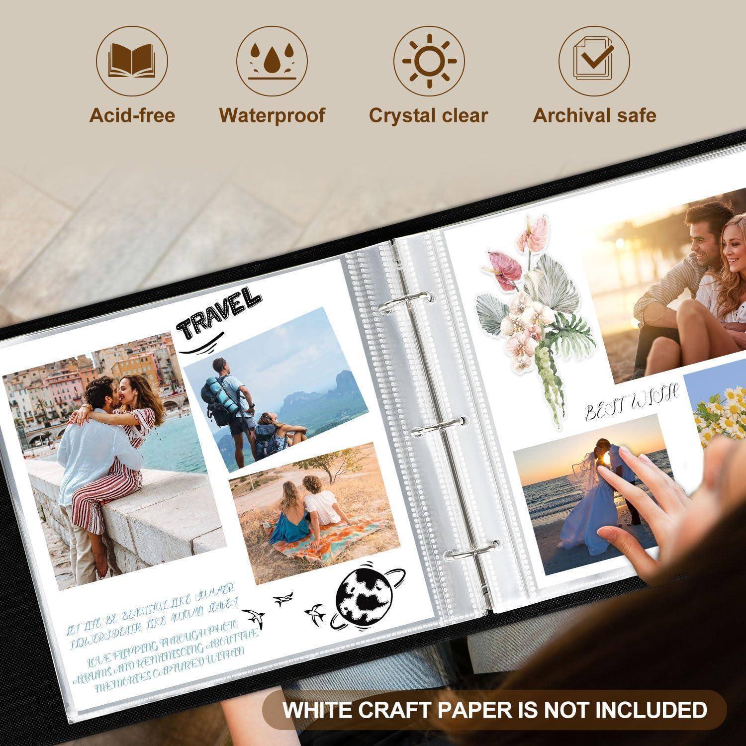 Öffnen Sie das Fotoalbum mit Reise- und Paarbildern, Blumen und Scrapbook-Elementen. Text liest sich: 
