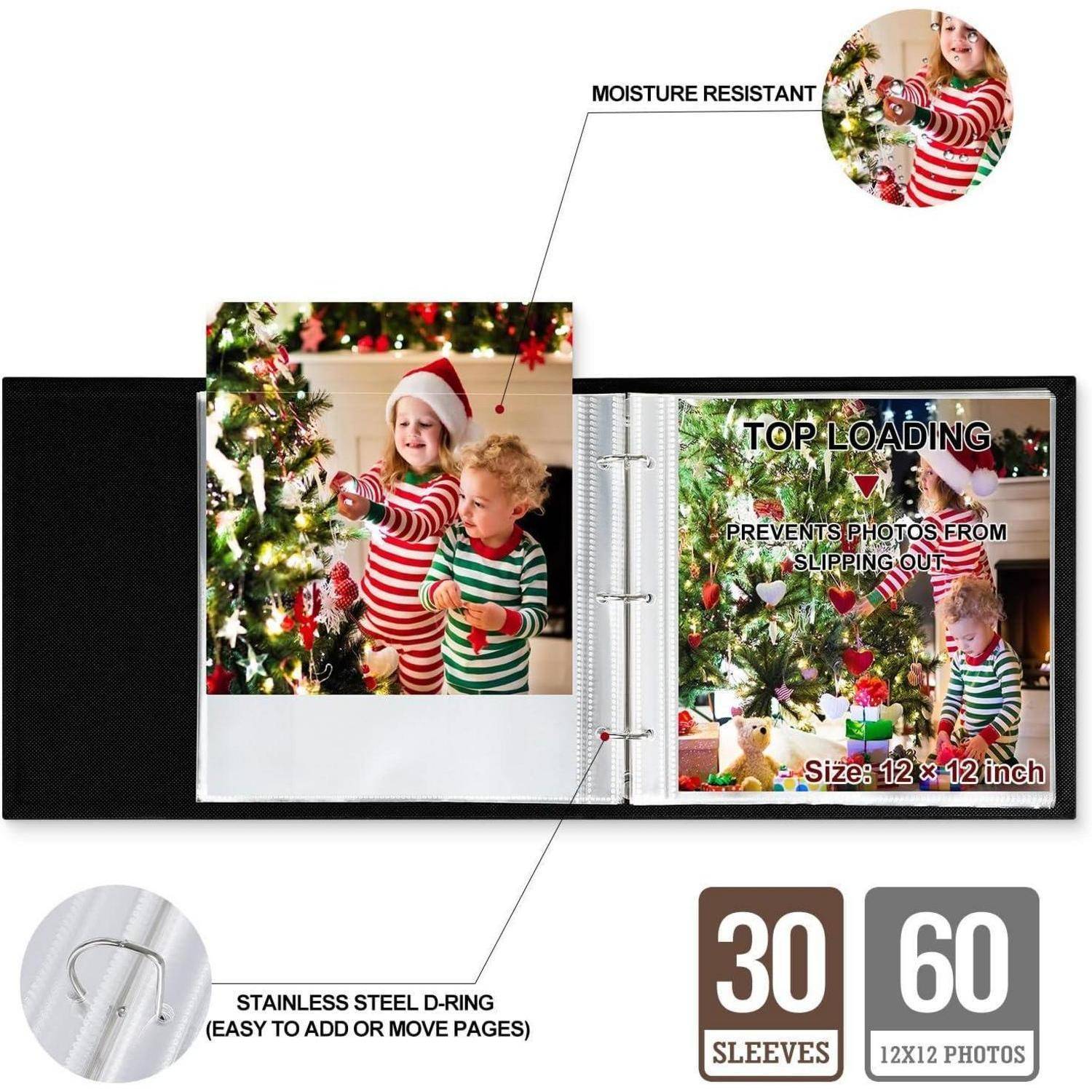Album mit weihnachtlich gestalteten Fotos, das ein Kind und ein Baby in gestreiften Schlafanzügen neben einem geschmückten Weihnachtsbaum zeigt. Fasst 60 Fotos, feuchtigkeitsbeständig, mit Einschub von oben und 30 Hüllen.