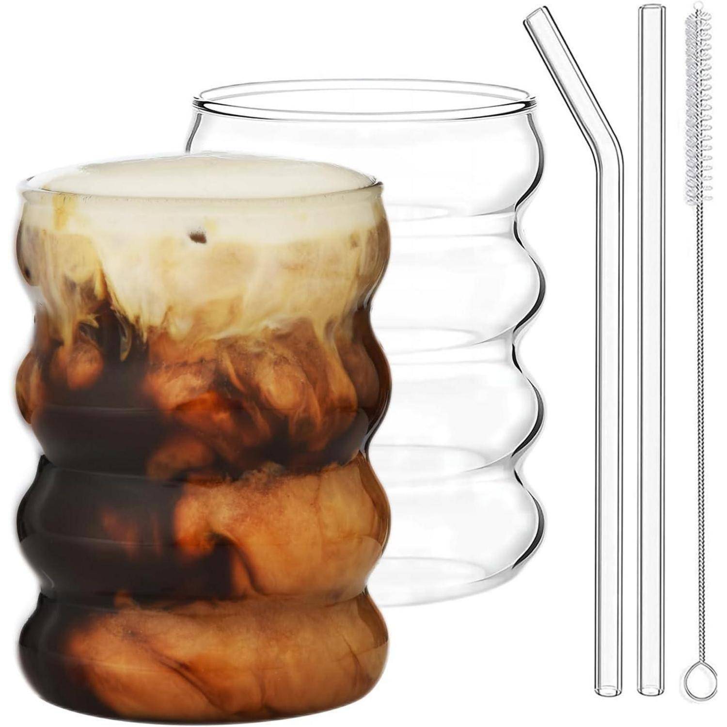 350ML gerippte Trinkgläser Set of 2 with Glass Straws, bubble
