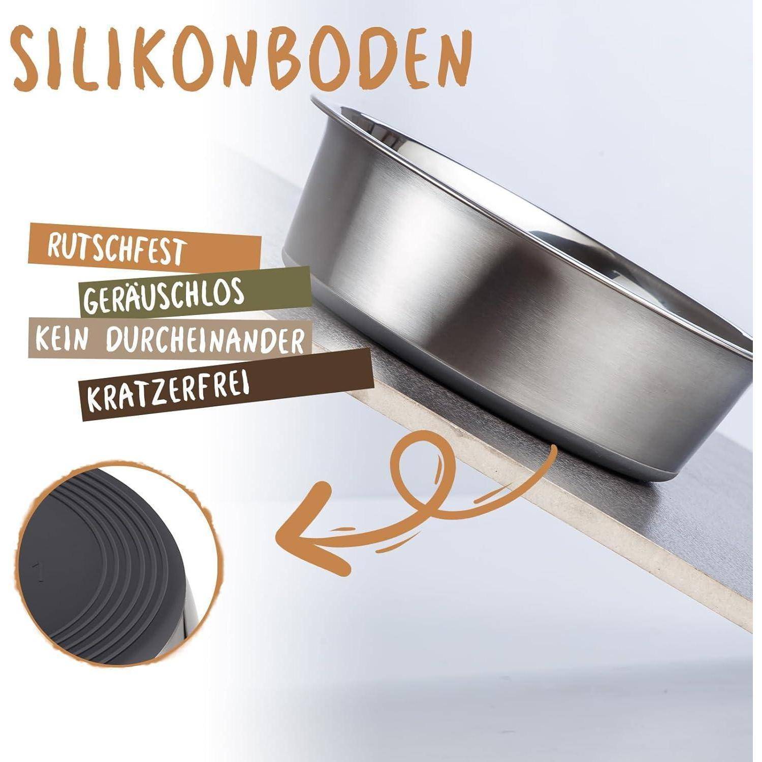 Metallschüssel mit Silikonboden auf einem Holzbrett, mit Text: „Silikonboden