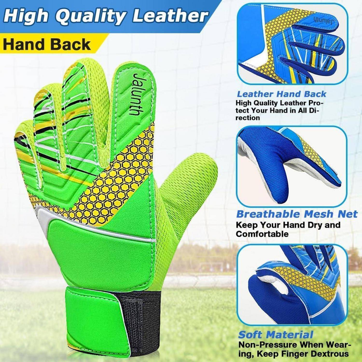 Ein grün-gelber Handschuh mit Eigenschaften: hochwertiges Leder, atmungsaktives Mesh, weiches Material. Text lautet: 'Hochwertiges Leder auf der Handoberseite'.