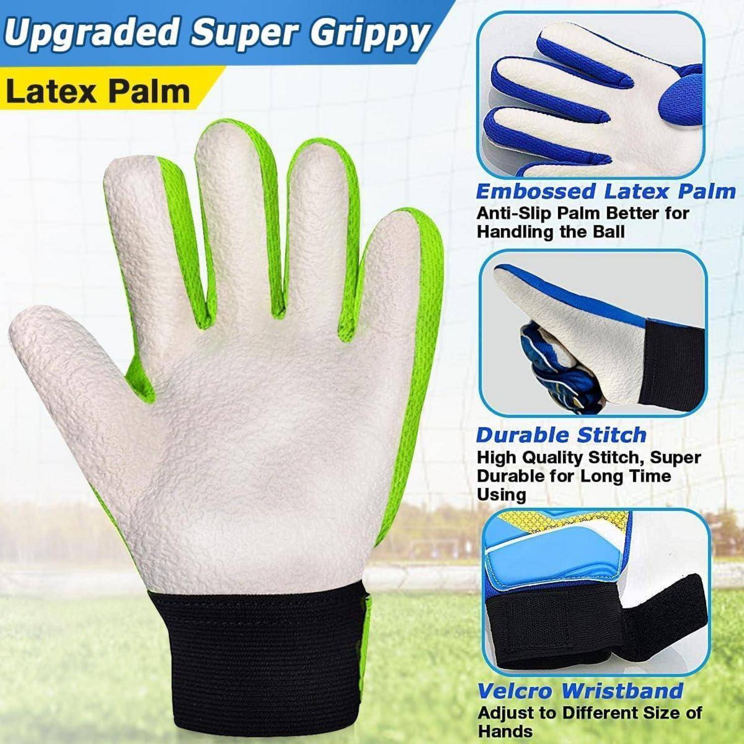 Handschuhe mit 'Verbesserter Super Griffiger Latex-Handfläche' und grünen Akzenten, ausgestattet mit 'Geprägter Latex-Handfläche', 'Strapazierfähiger Naht' und 'Klettverschluss-Handgelenk'.