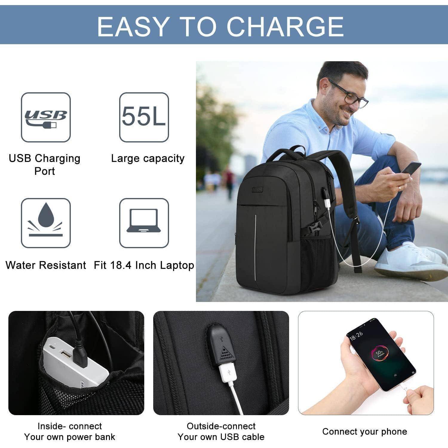 Extra Groß Rucksack Herren 55L 18.4 Zoll Laptop USB Ladeanschluss