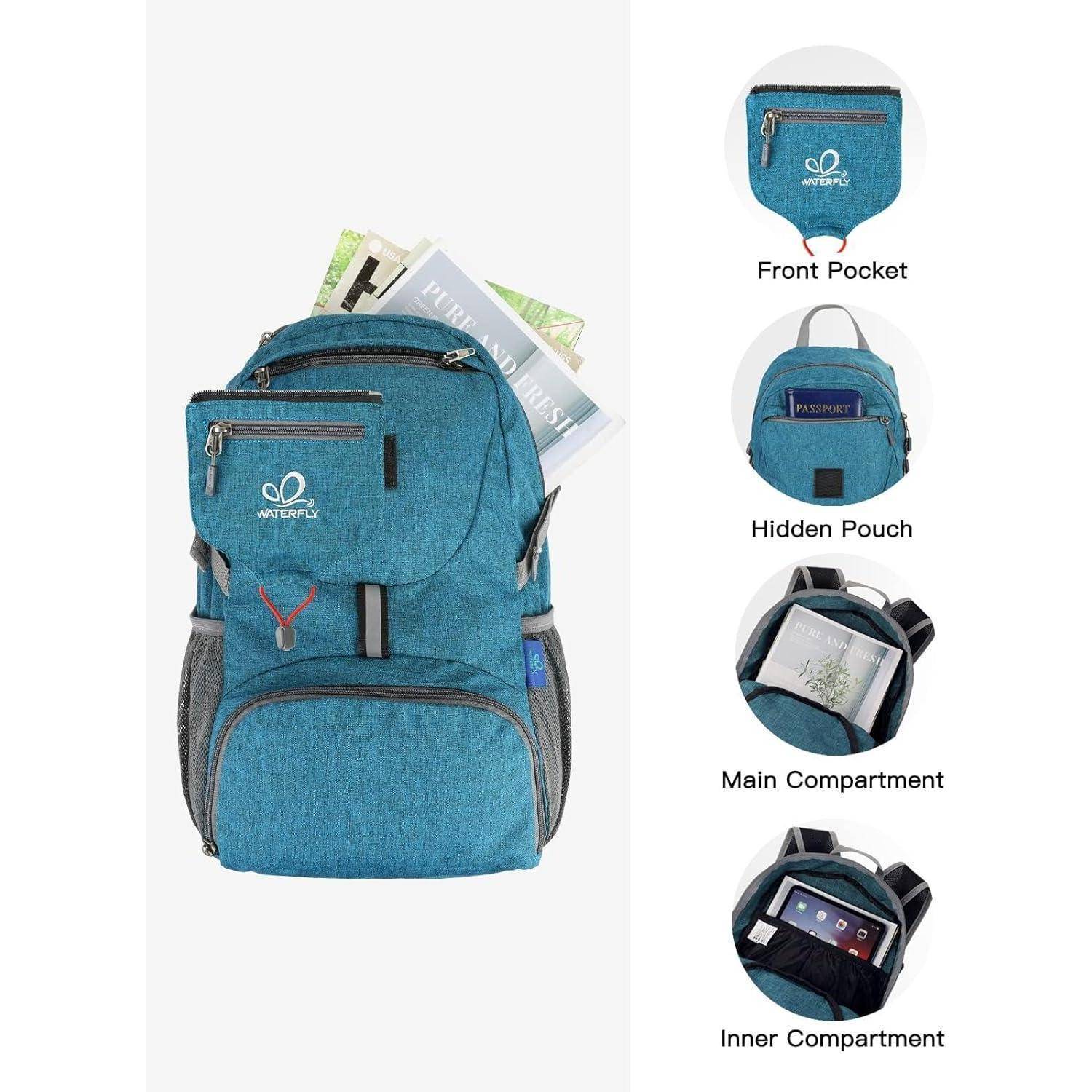Blauer Rucksack aus wasserabweisender Stoffstruktur, mit Fronttasche, versteckter Tasche, Hauptfach und hervorgehobenem Innenfach.