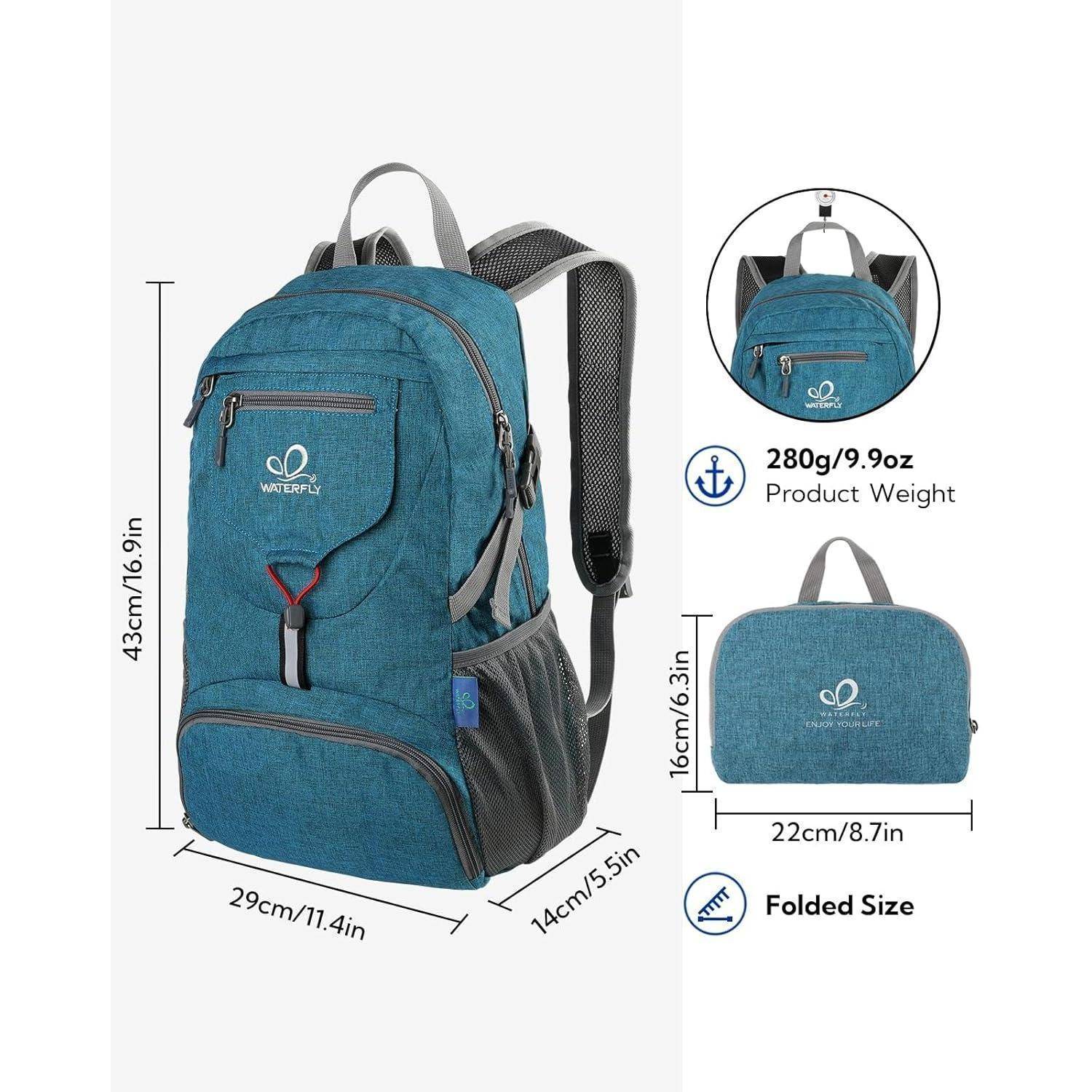 Blauer faltbarer Rucksack mit Logo, dargestellt in entfalteter (43 cm hoch) und gefalteter (22 cm breit) Ansicht. Inklusive Gewichtsangabe (280 g).