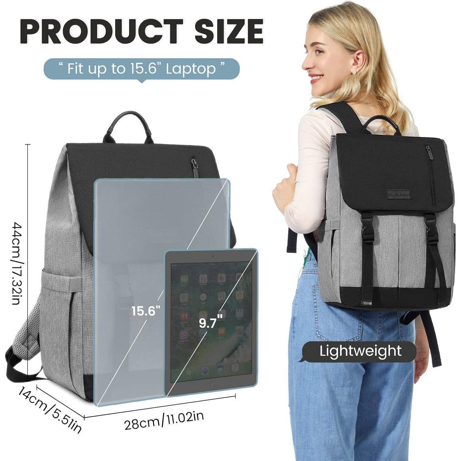 Eine Frau trägt einen grauen und schwarzen Rucksack mit der Aufschrift 'Produktgröße: 44 cm x 28 cm x 14 cm', geeignet für 'Passt für Laptops bis zu 15,6 Zoll'.