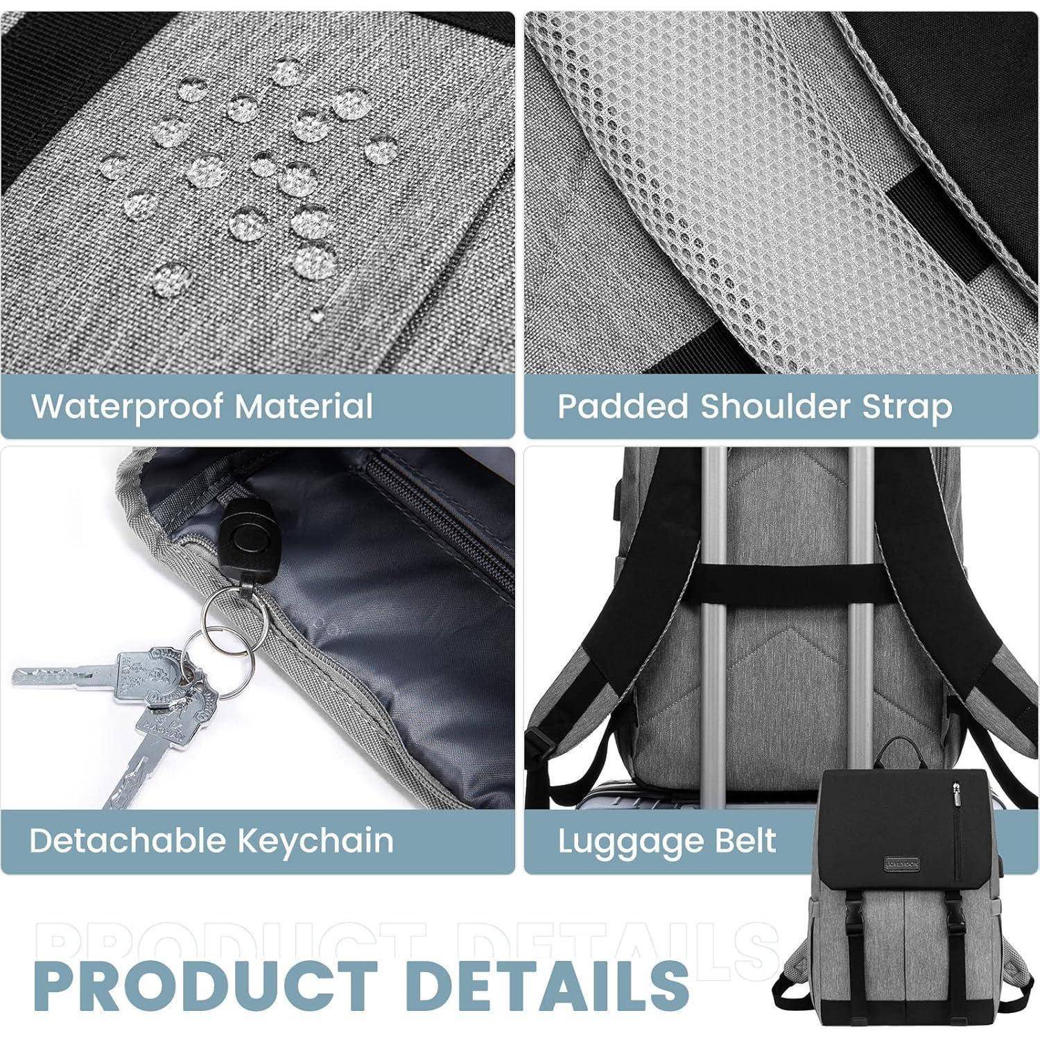 Rucksack-Funktionen: wasserdichtes Material mit Wassertropfen, gepolsterte Schultergurte, abnehmbarer Schlüsselanhänger mit Schlüsseln und Gepäckgurt.