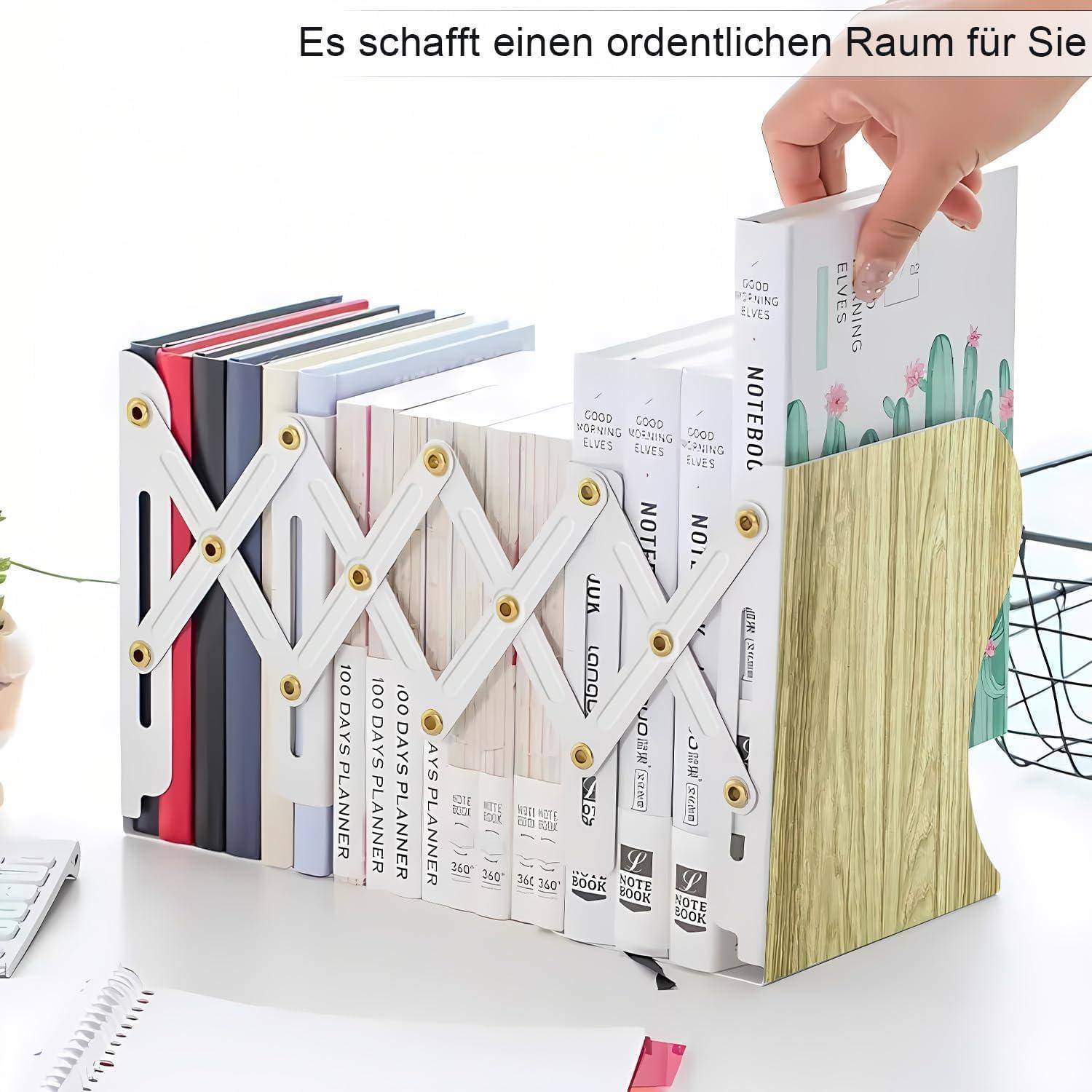 Ein ausziehbarer Metall-Buchstütze hält verschiedene Notizbücher und Planer aufrecht und demonstriert seine Nutzung zur effizienten Organisation des Schreibtischplatzes.