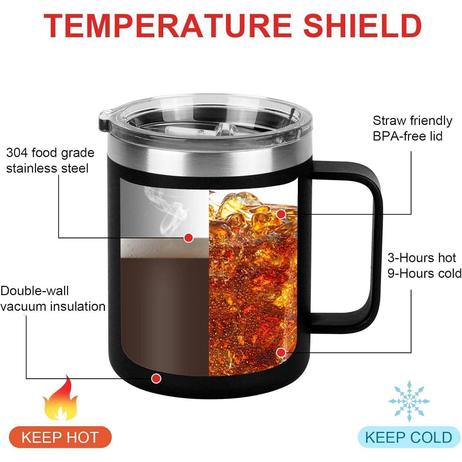 TEMPERATURE SHIELD' Becher mit Doppelwandisolierung, hält Getränke 3 Stunden lang heiß und 9 Stunden lang kalt. Hergestellt aus 304 Edelstahl, BPA-freier Deckel.
