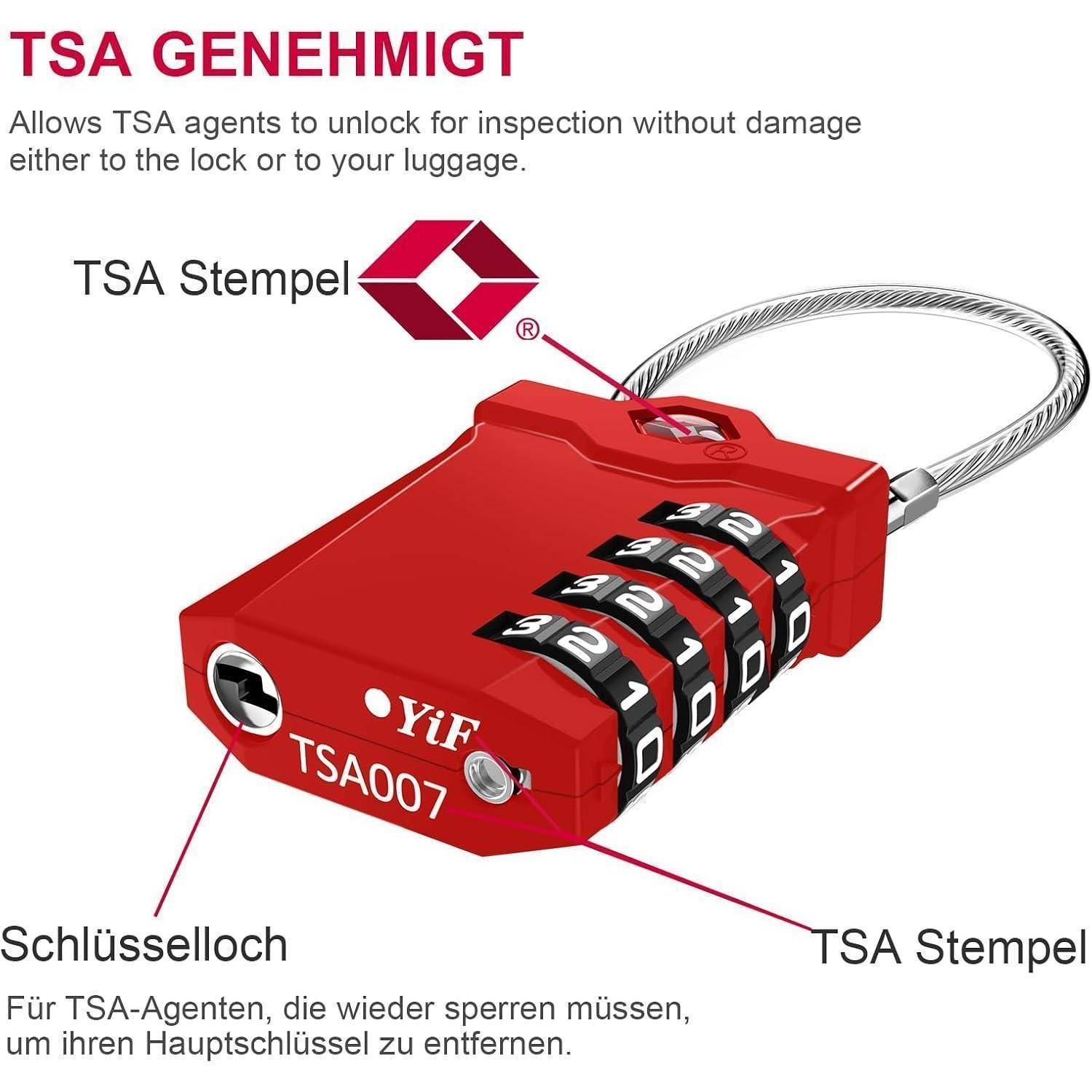 TSA Zahlenschloss 4 Stellig für Gepäck & Rucksack, 2er Set Rot