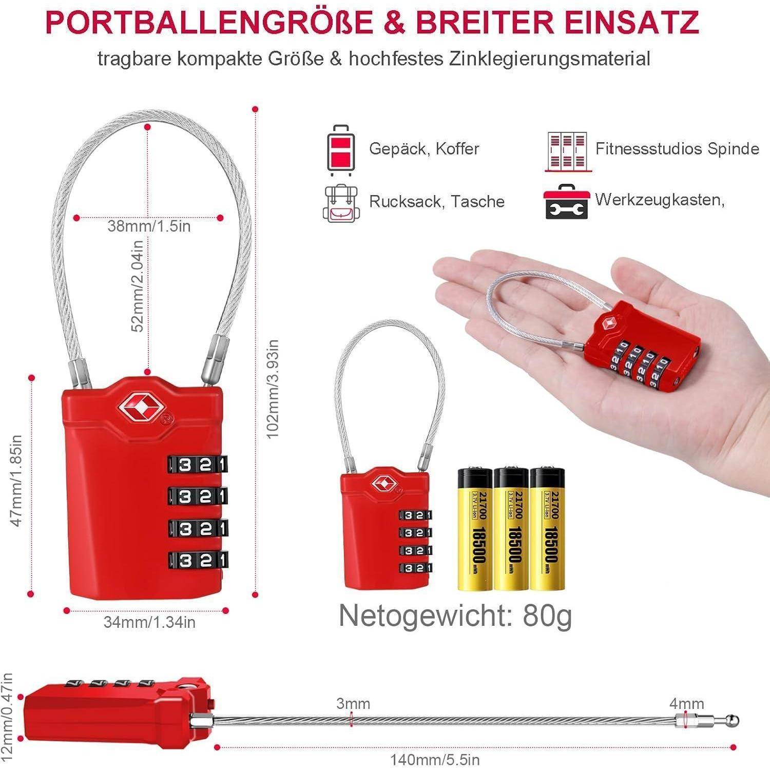 TSA Zahlenschloss 4 Stellig für Gepäck & Rucksack, 2er Set Rot