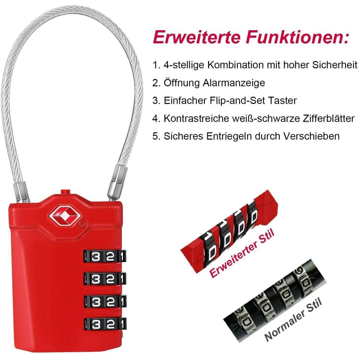 TSA Zahlenschloss 4 Stellig für Gepäck & Rucksack, 2er Set Rot
