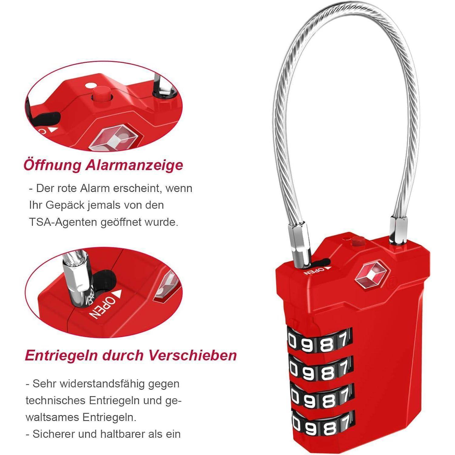 TSA Zahlenschloss 4 Stellig für Gepäck & Rucksack, 2er Set Rot
