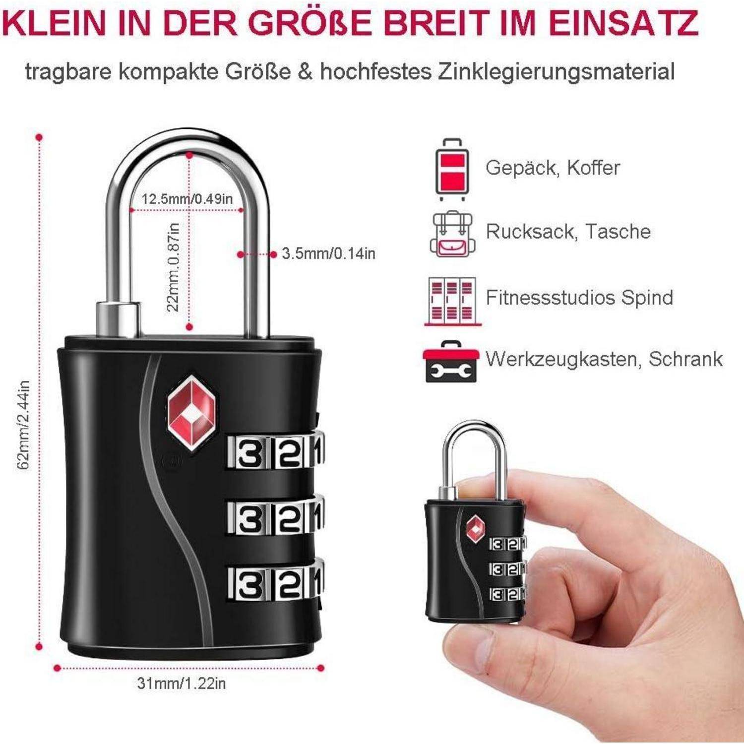 TSA Kofferschlösser 3-stellig Zahlencode Schwarz 2 Stücke