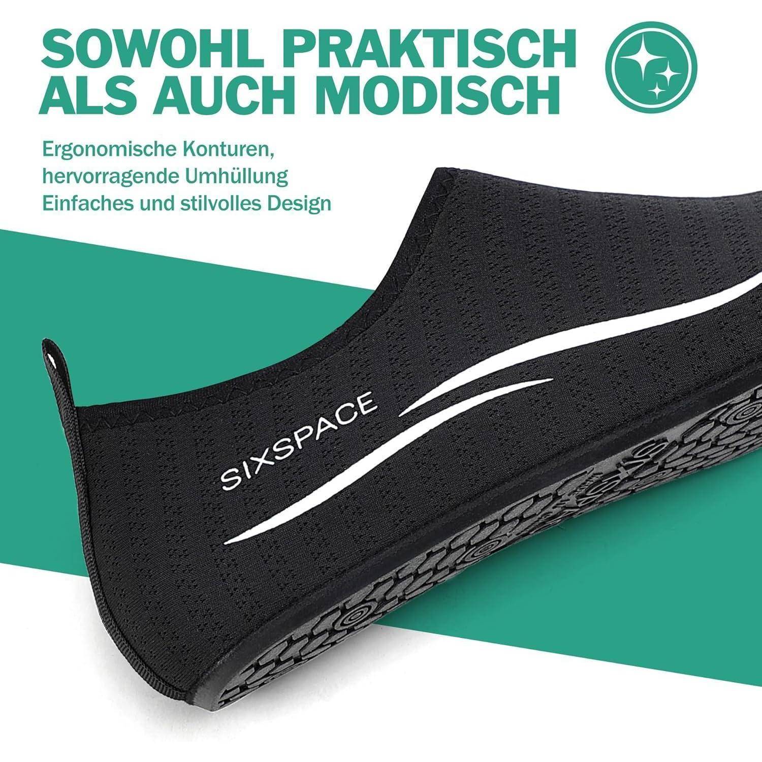 »SOWOHL PRAKTISCH ALS AUCH MODISCH« über einem schwarzen Schuh mit »SIXSPACE« darauf; beschrieben als ergonomisch und stilvoll.