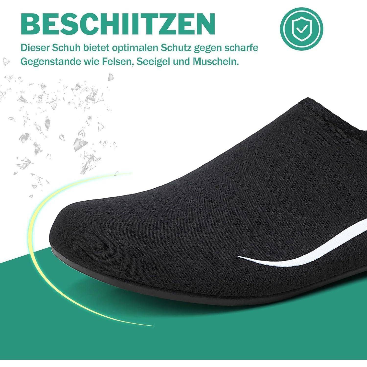 Ein schwarzer Schuh mit elegantem Design, ideal zum Schutz gegen raue Oberflächen, Muscheln und Steine.