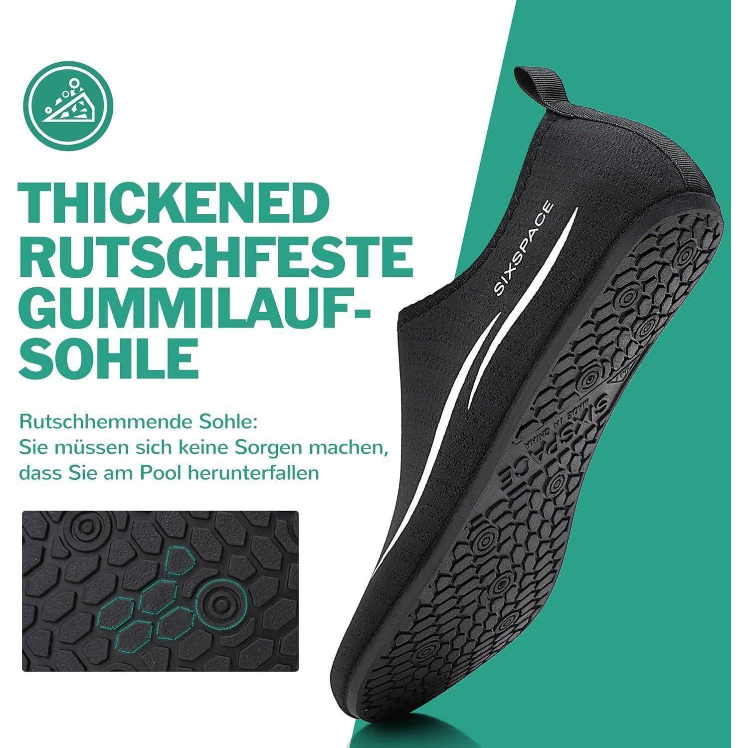 Stilvoller schwarzer Wasserschuh mit verstärkter, rutschfester Gummisohle, geeignet für den Einsatz am Pool. Der Text auf Deutsch betont seine rutschfeste Eigenschaft.