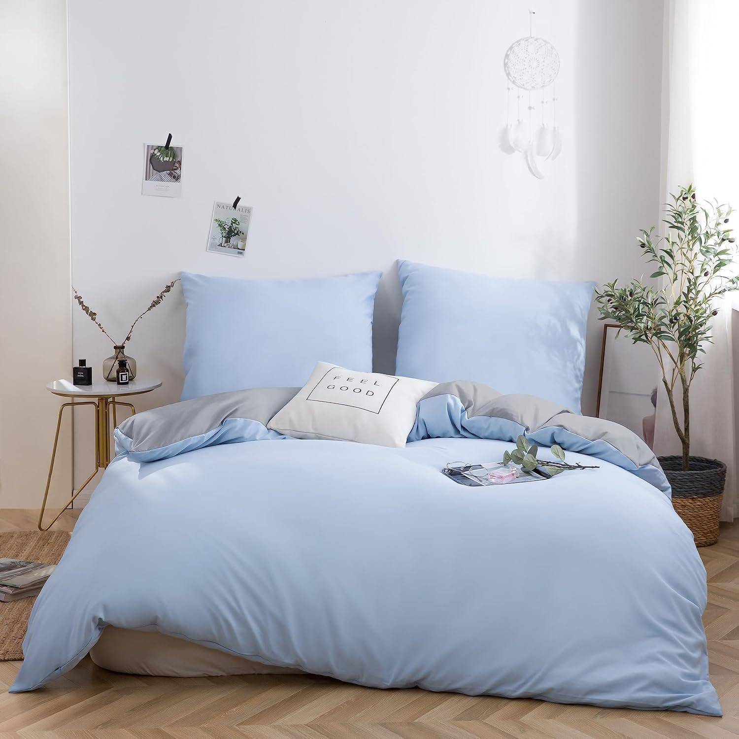 Bettwäsche gebürstet Microfaser 200x200cm Hell Grau/Spa Blau