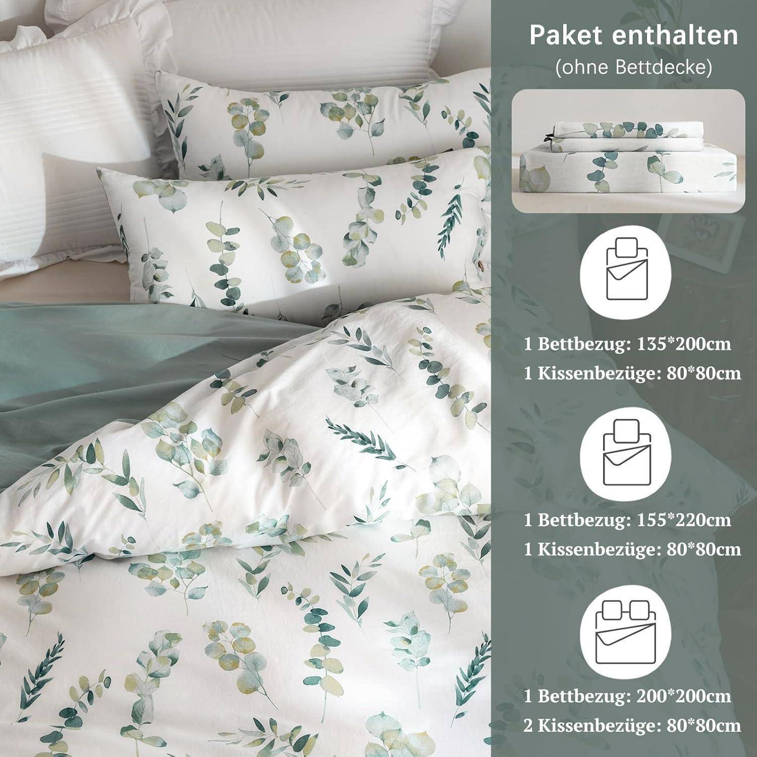 Bettwäsche-Set mit grünem Blattmuster auf weißem Stoff, inklusive Bettdeckenbezug und Kissenbezügen. Paket enthält Bettwäsche, jedoch keine Bettdecke.