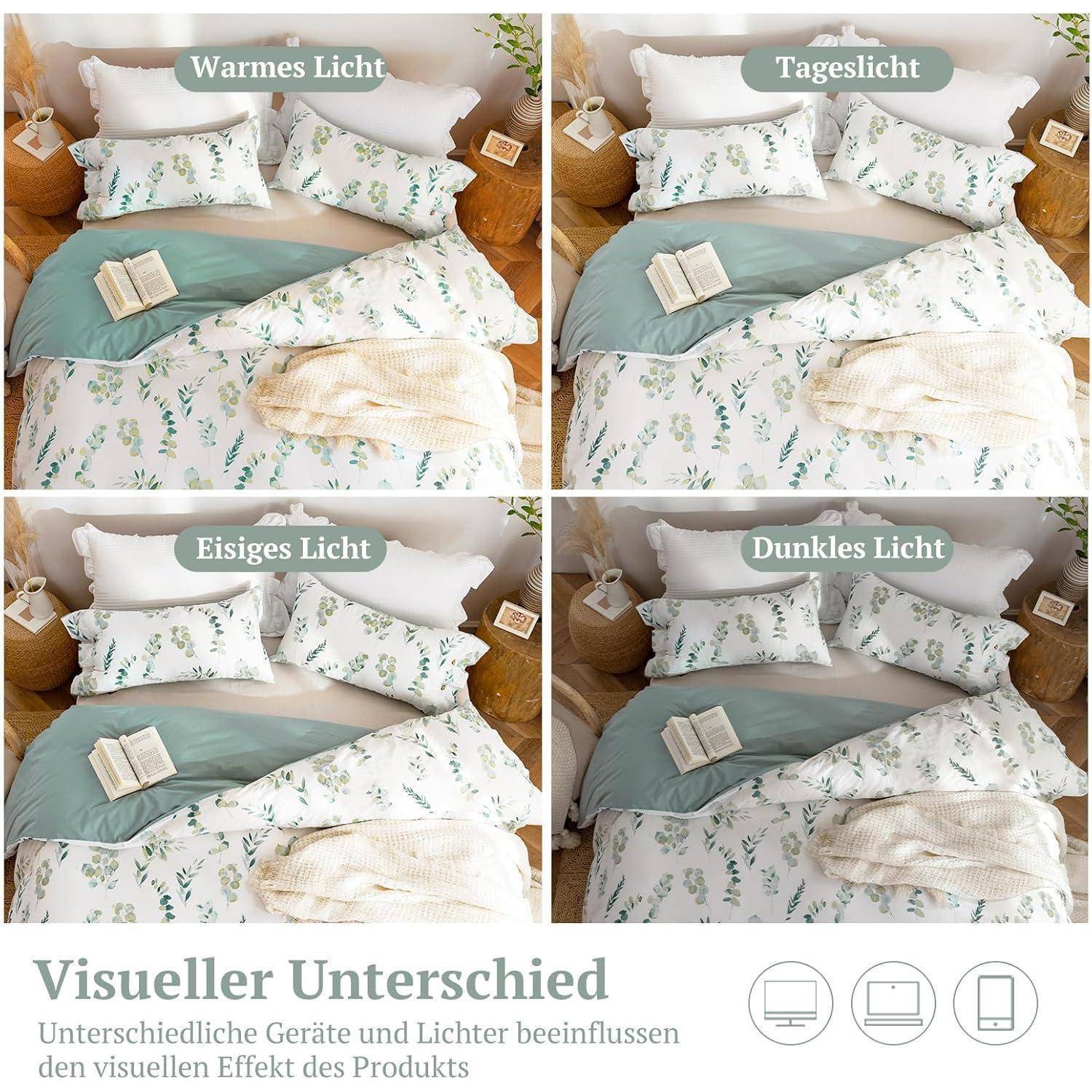Vier Bilder zeigen ein Bett mit unterschiedlicher Beleuchtung: warmes Licht, Tageslicht, kühles Licht und dunkles Licht. Alle offenbaren unterschiedliche visuelle Effekte.