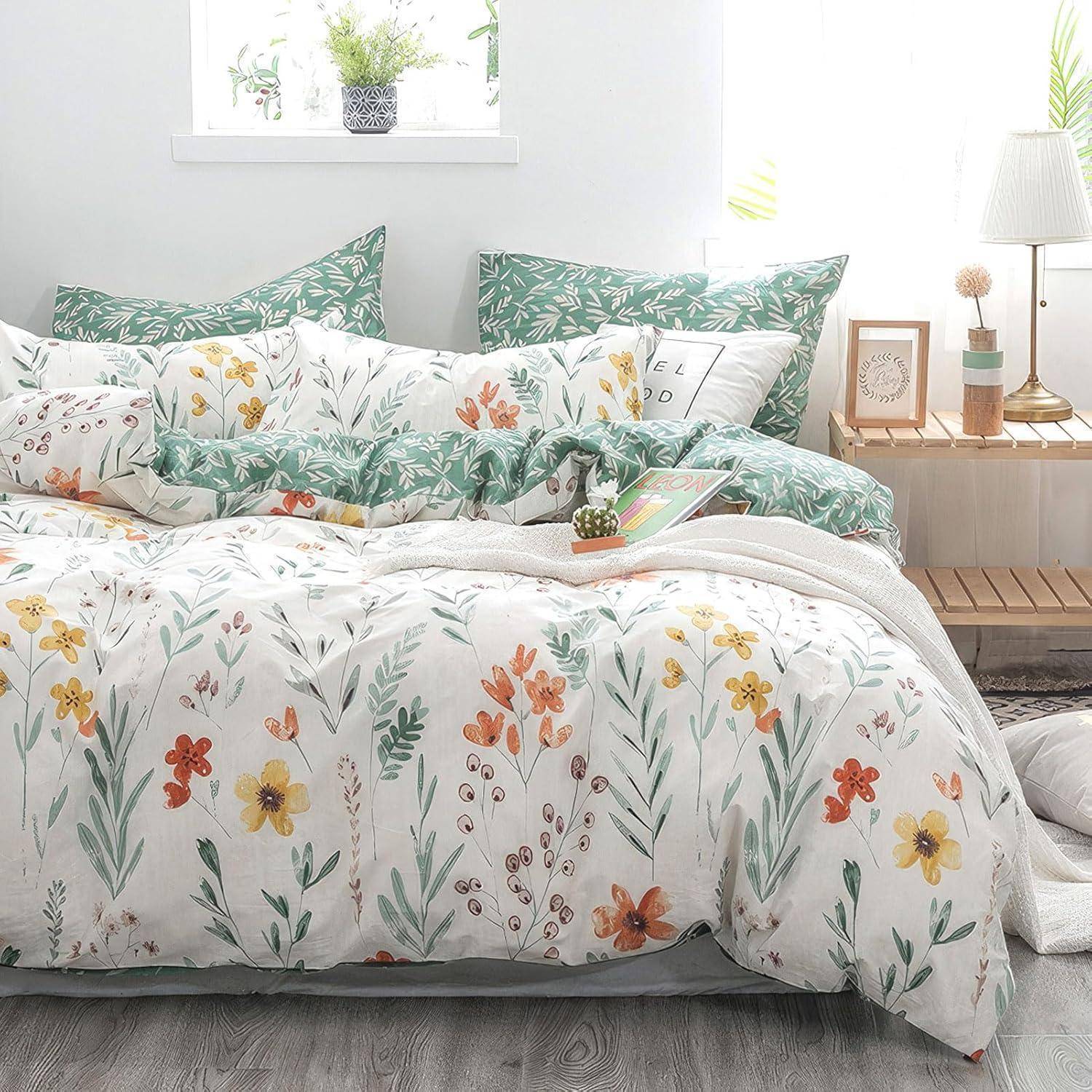Blumen Bettwäsche 135x200 mit Reißverschluss Kissenbezug 4tlg Grün