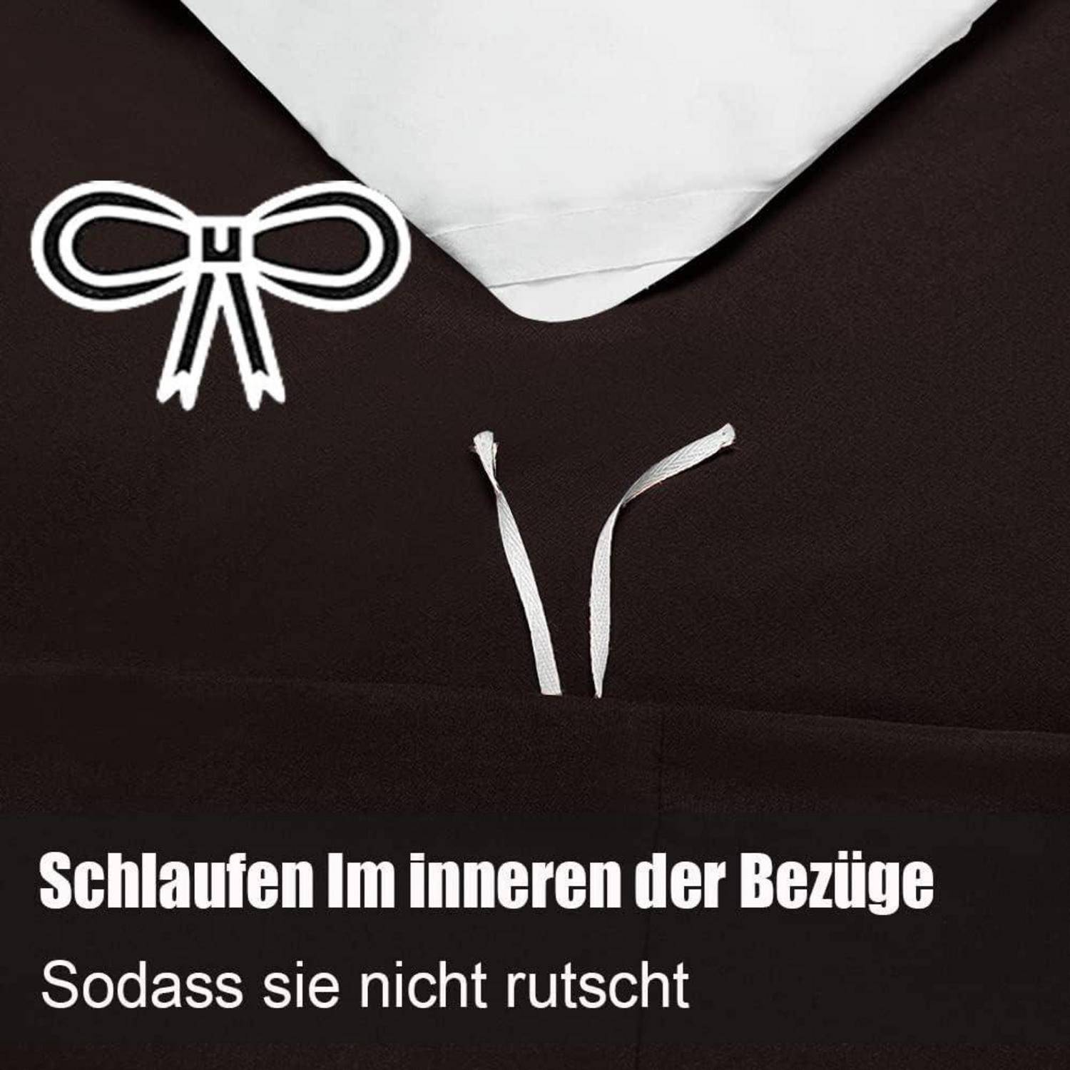 Schlaufen im Inneren der Bezüge, sodass sie nicht rutscht. Ein Nahaufnahmebild eines weißen gebundenen Bandes und eines losen Bandes auf dunklem Stoff.