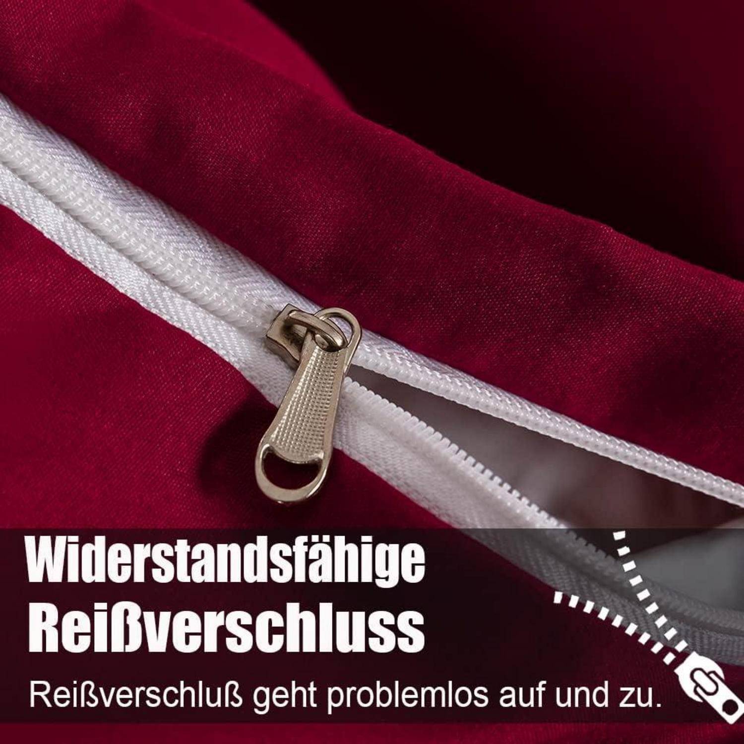 Ein Nahaufnahme eines roten Stoffes mit einem robusten Reißverschluss. Text lautet 'Widerstandsfähige Reißverschlüsse' und 'Reißverschluss geht problemlos auf und zu.