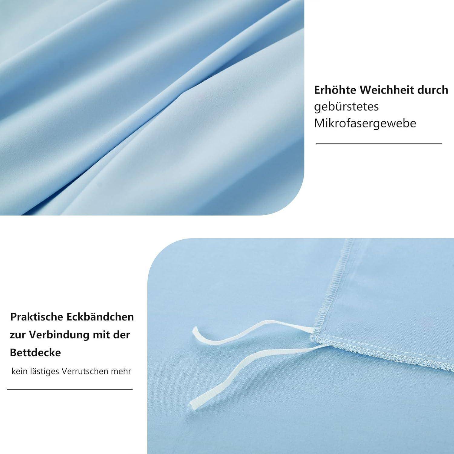 Nahaufnahme eines blauen Mikrofaserstoffs mit deutschem Text, der die verbesserte Weichheit und praktischen Eckenhalterungen für sichere Bettwäsche hervorhebt.