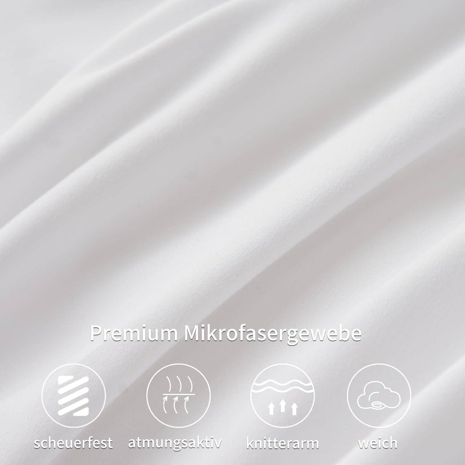 Weißer Stoff-Textur mit vier Symbolen darunter: 'scheuerfest', 'atmungsaktiv', 'knitterarm', 'weich'; Text lautet 'Premium Mikrofasergewebe'.