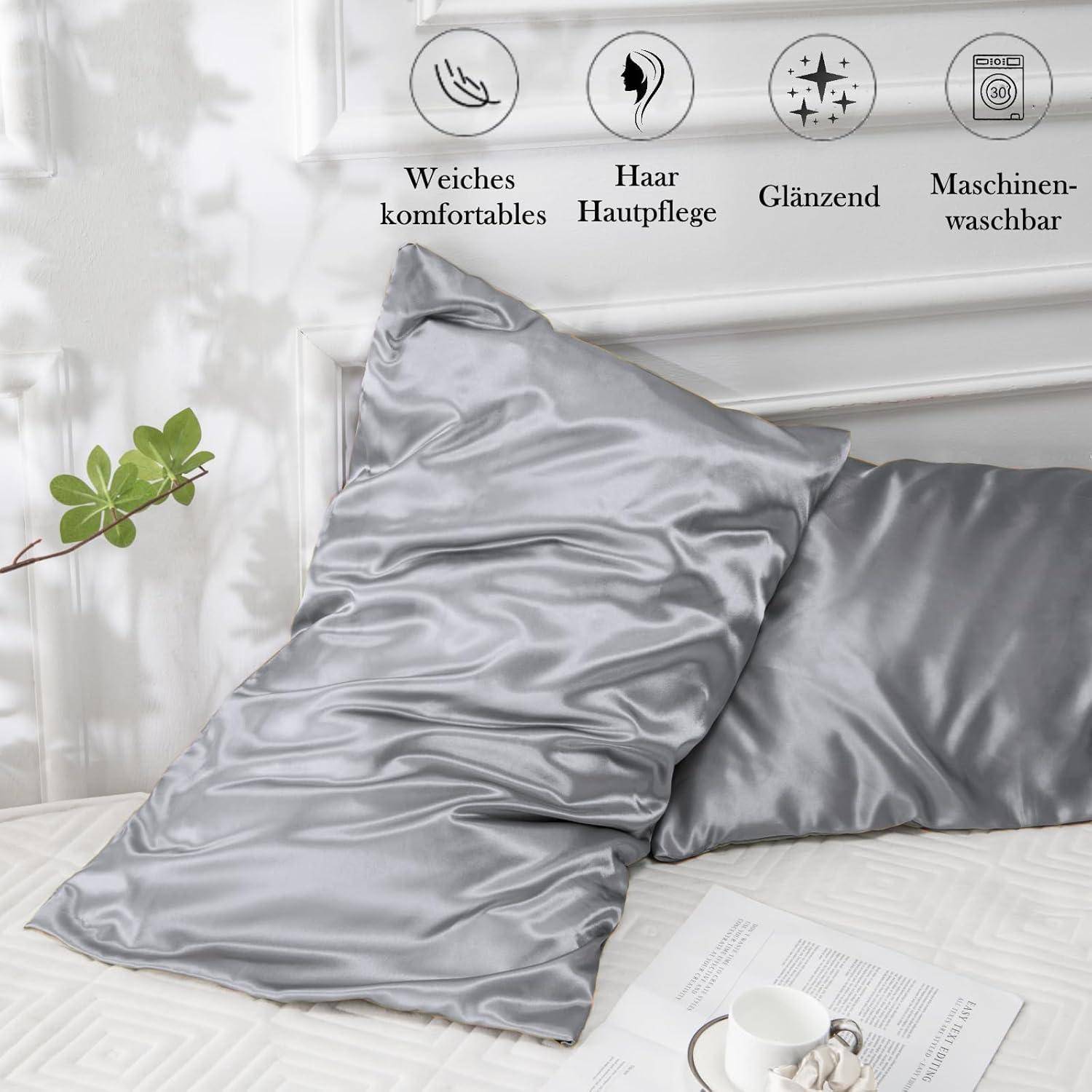 2er Set Satin Kissenbezug 40x80 Grau Haargummis Pflege Silk Haut und