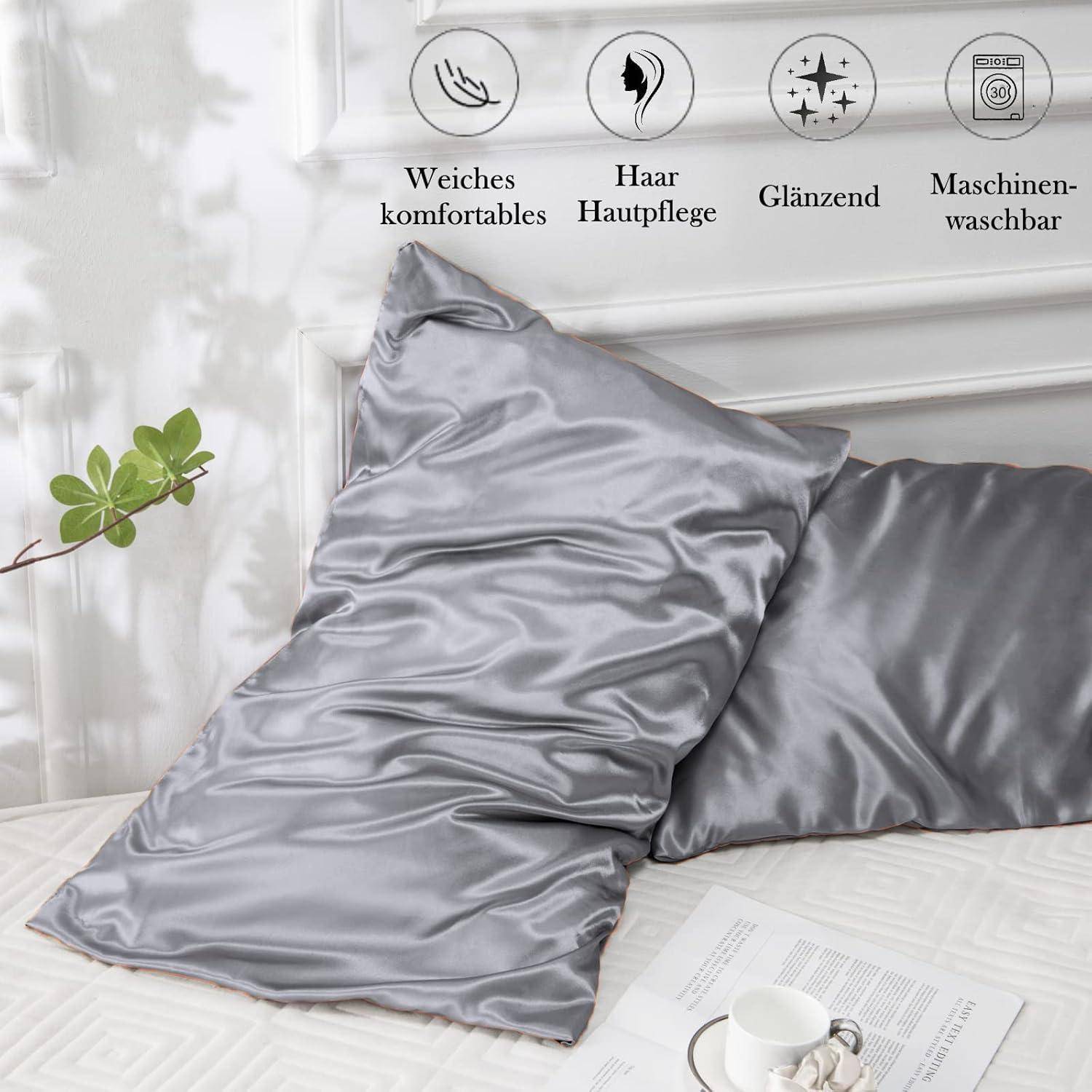 Satin Kissenbezug 2er Set 70x40 Grau mit Haargummis