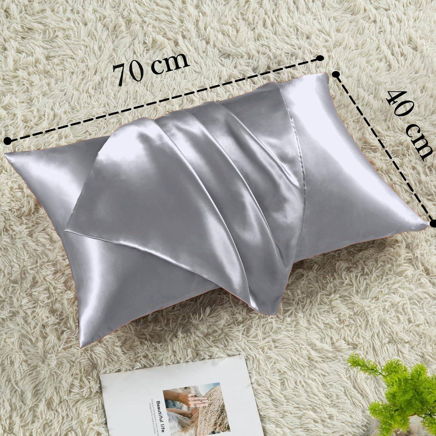 Satin Kissenbezug 2er Set 70x40 Grau mit Haargummis