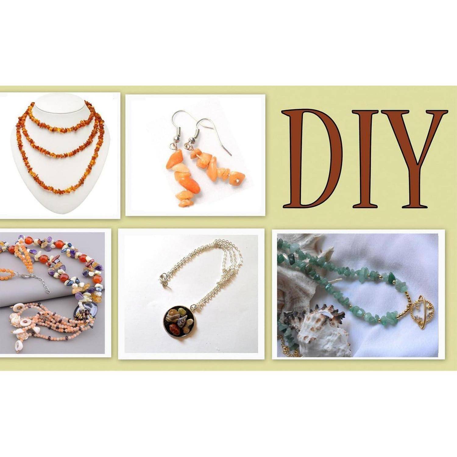 DIY-Schmuckkollage mit verschiedenen Perlenhalsketten, Ohrringen und einem Armband, die handgefertigte Designs und kreative Ideen präsentiert.