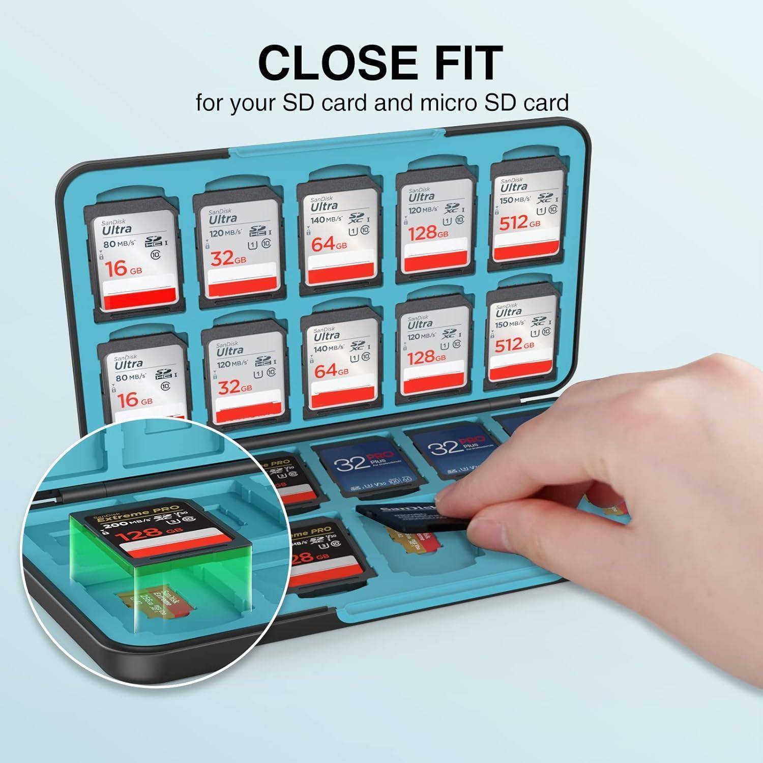 Eine Hand ordnet SD- und Micro-SD-Karten in einem Aufbewahrungskoffer. Text lautet: 