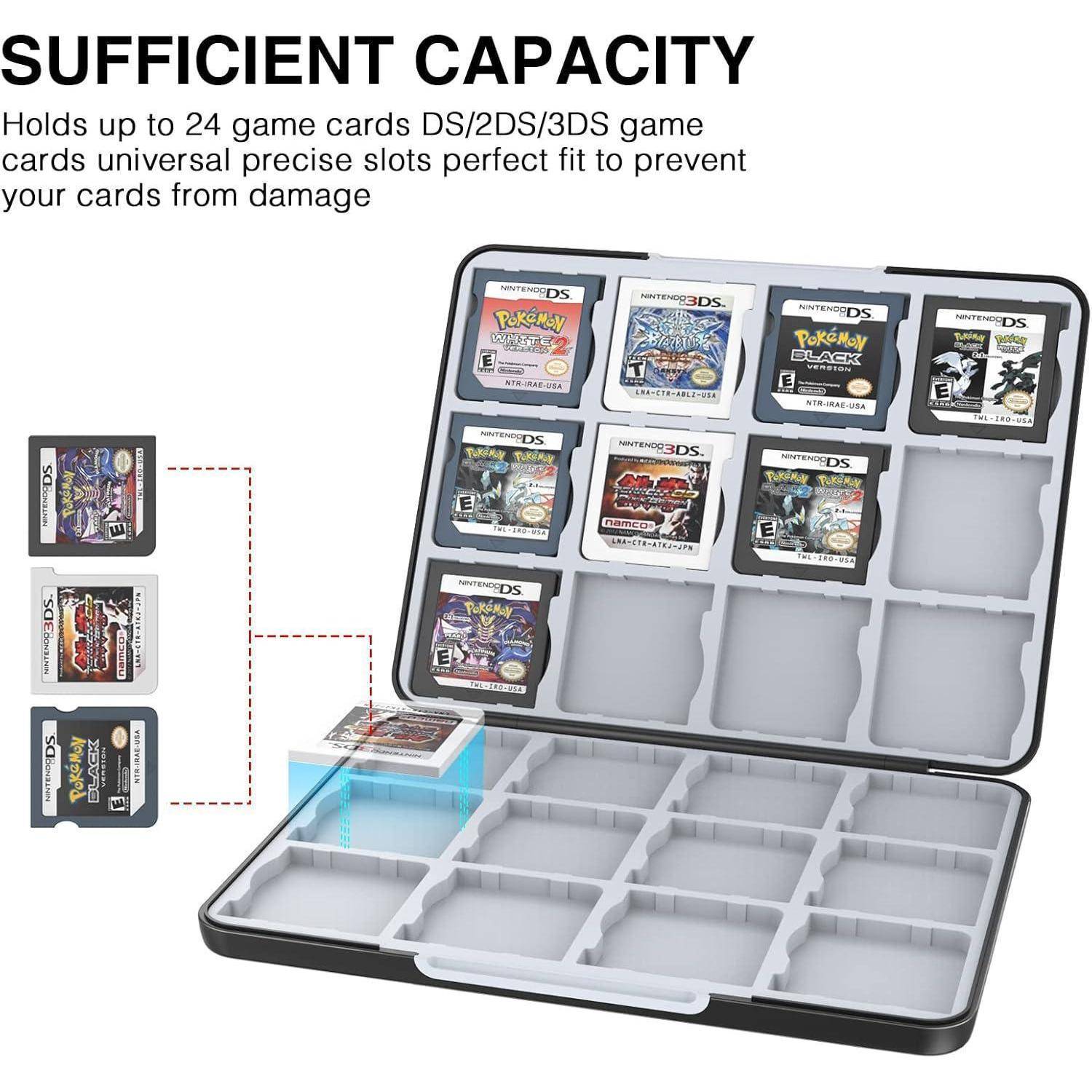 Offene Spielkartenbox für 24 DS/2DS/3DS-Karten. Beschriftung lautet „Ausreichende Kapazität