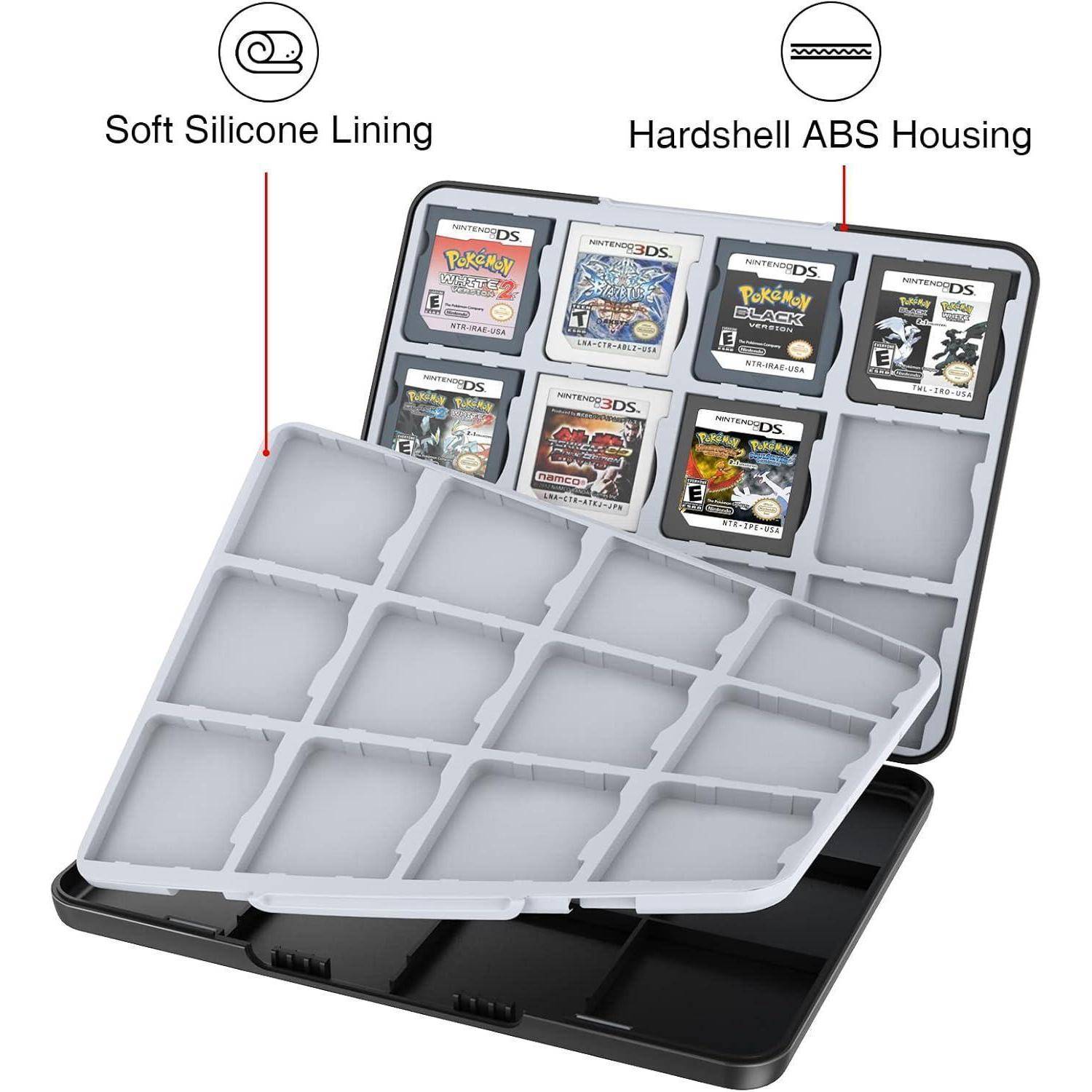 Spielmodulgehäuse mit weicher Silikonauskleidung und robustem ABS-Gehäuse, das zwölf Nintendo DS-Spielmodule aufnehmen kann.