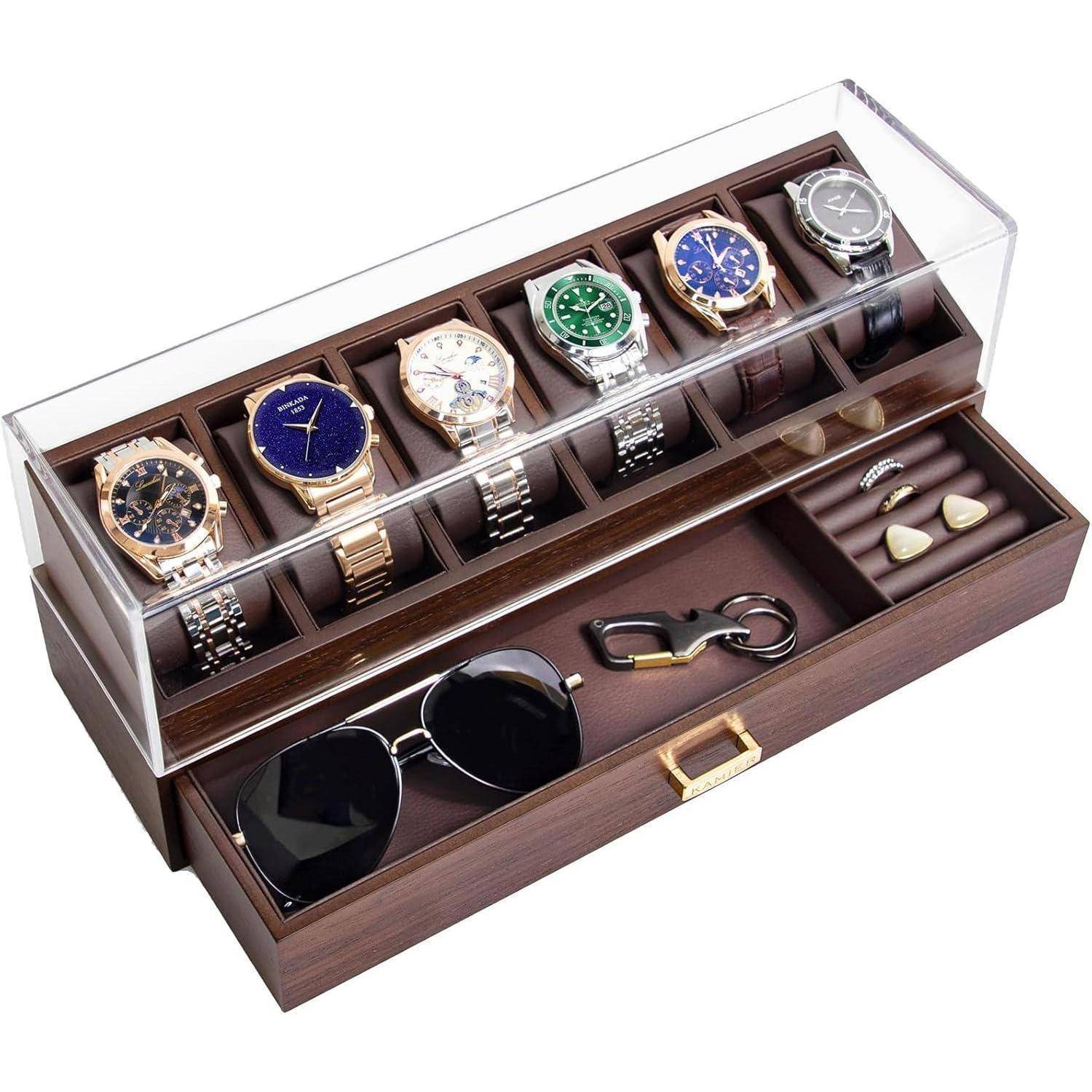 Uhrenbox Herren Echtholz 6 Fächer Uhrenkoffer Geschenk Walnuss