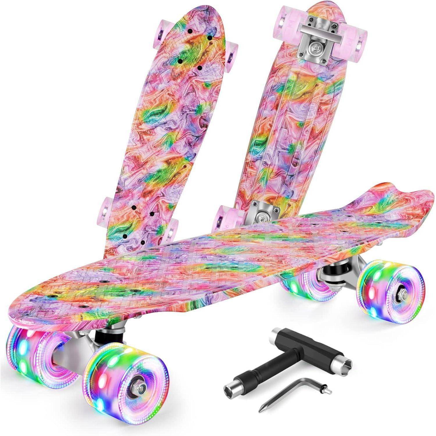 Skateboard Komplett 22 Zoll Mini Cruiser LED Leuchtrollen T-Tool