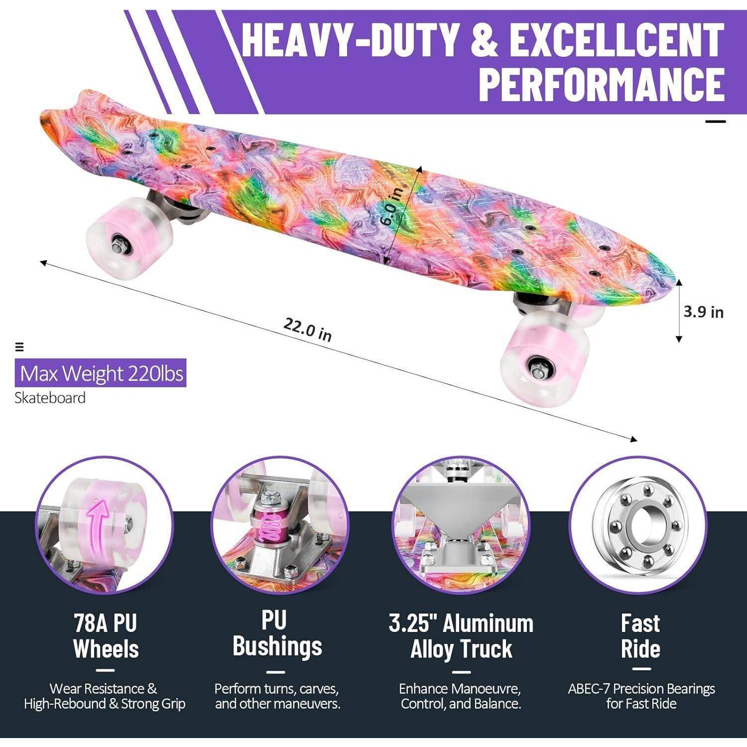 Skateboard Komplett 22 Zoll Mini Cruiser LED Leuchtrollen T-Tool