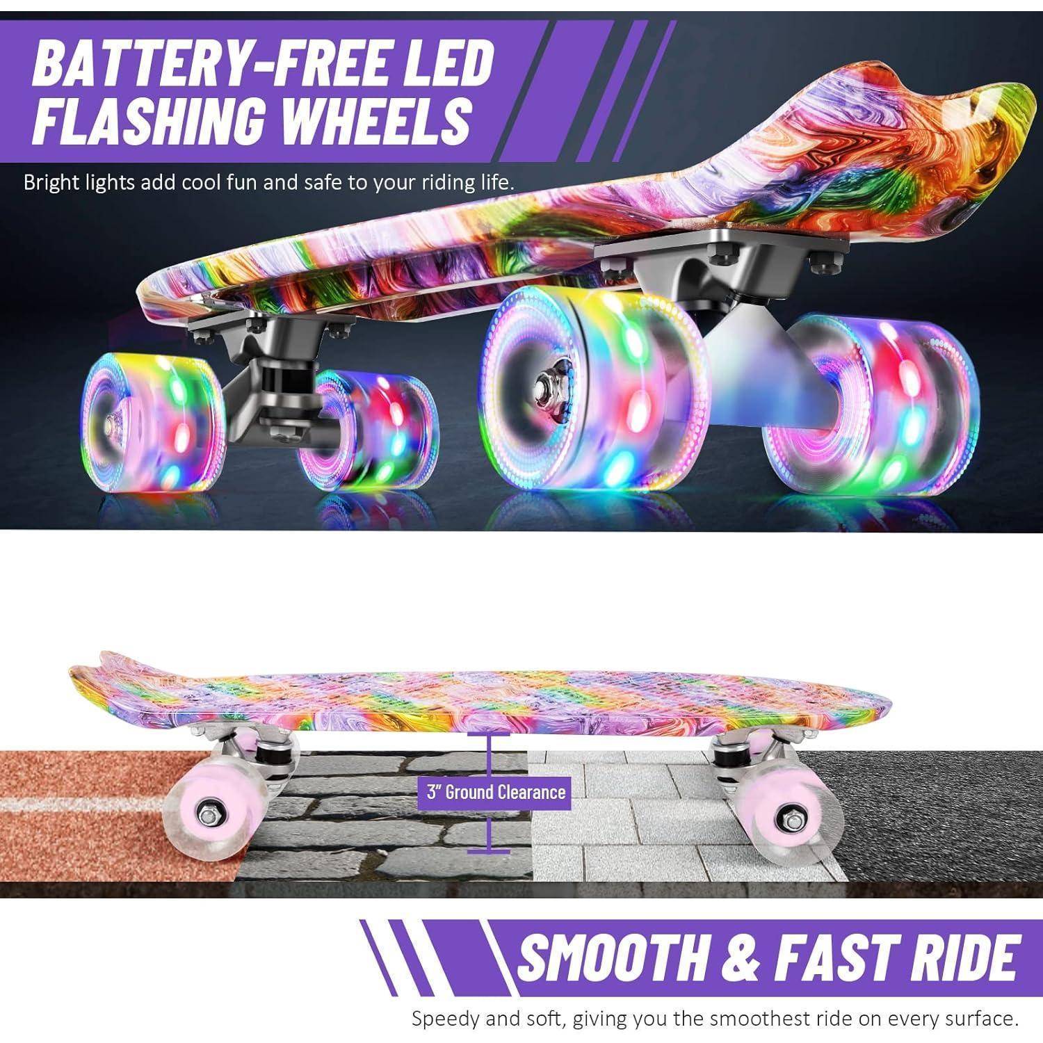 Skateboard Komplett 22 Zoll Mini Cruiser LED Leuchtrollen T-Tool
