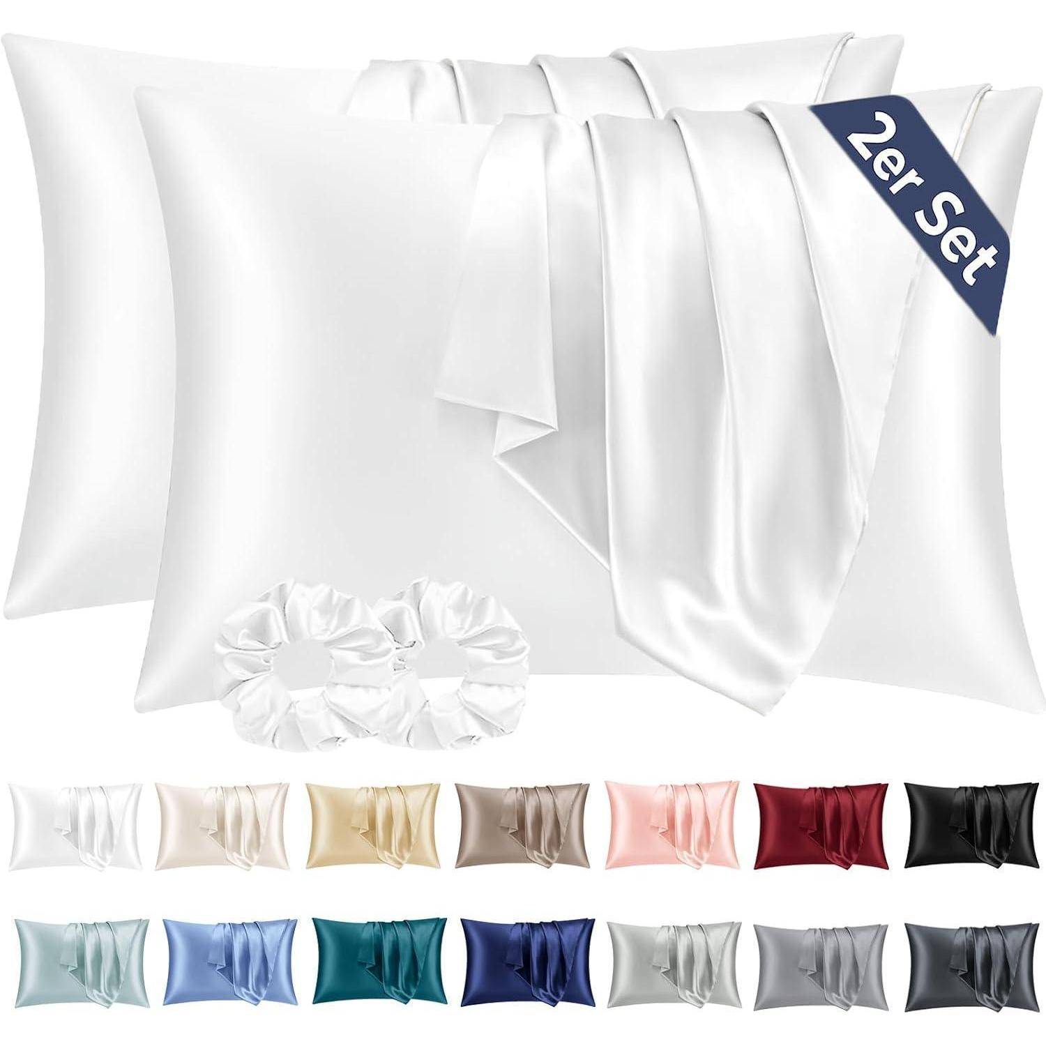 Seidene Kissenbezug-Set mit zwei Satinkissenbezügen, Scrunchies und Haarschal, in verschiedenen Farben erhältlich, in einem Raster präsentiert.