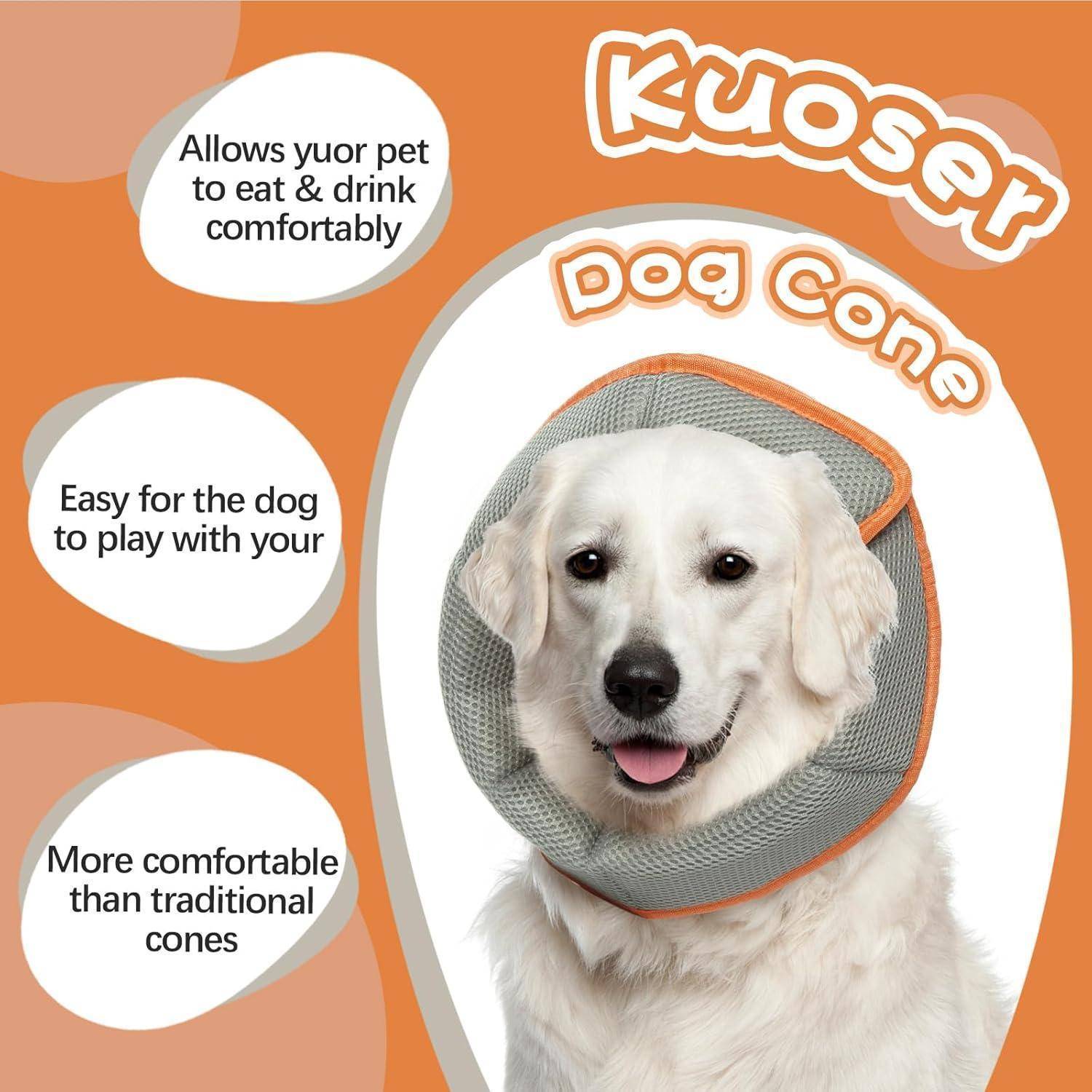 Kuoser Hundekegel: Ein fröhlicher weißer Hund trägt einen bequemen Kegel. Der Text hebt die Vorteile hervor: ermöglicht Essen, Spielen und Komfort im Vergleich zu herkömmlichen Kegeln.