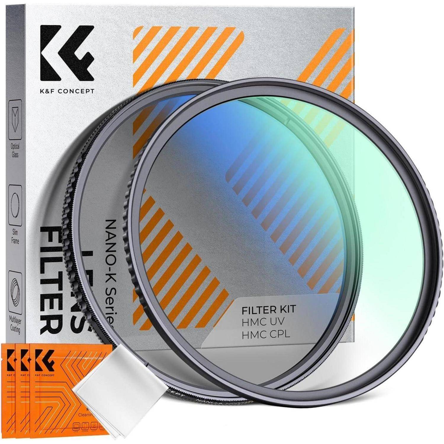 K&F Concept Objektivfilter-Set mit HMC UV- und CPL-Filtern, in der Verpackung neben den beiden kreisförmigen Filtern gezeigt.