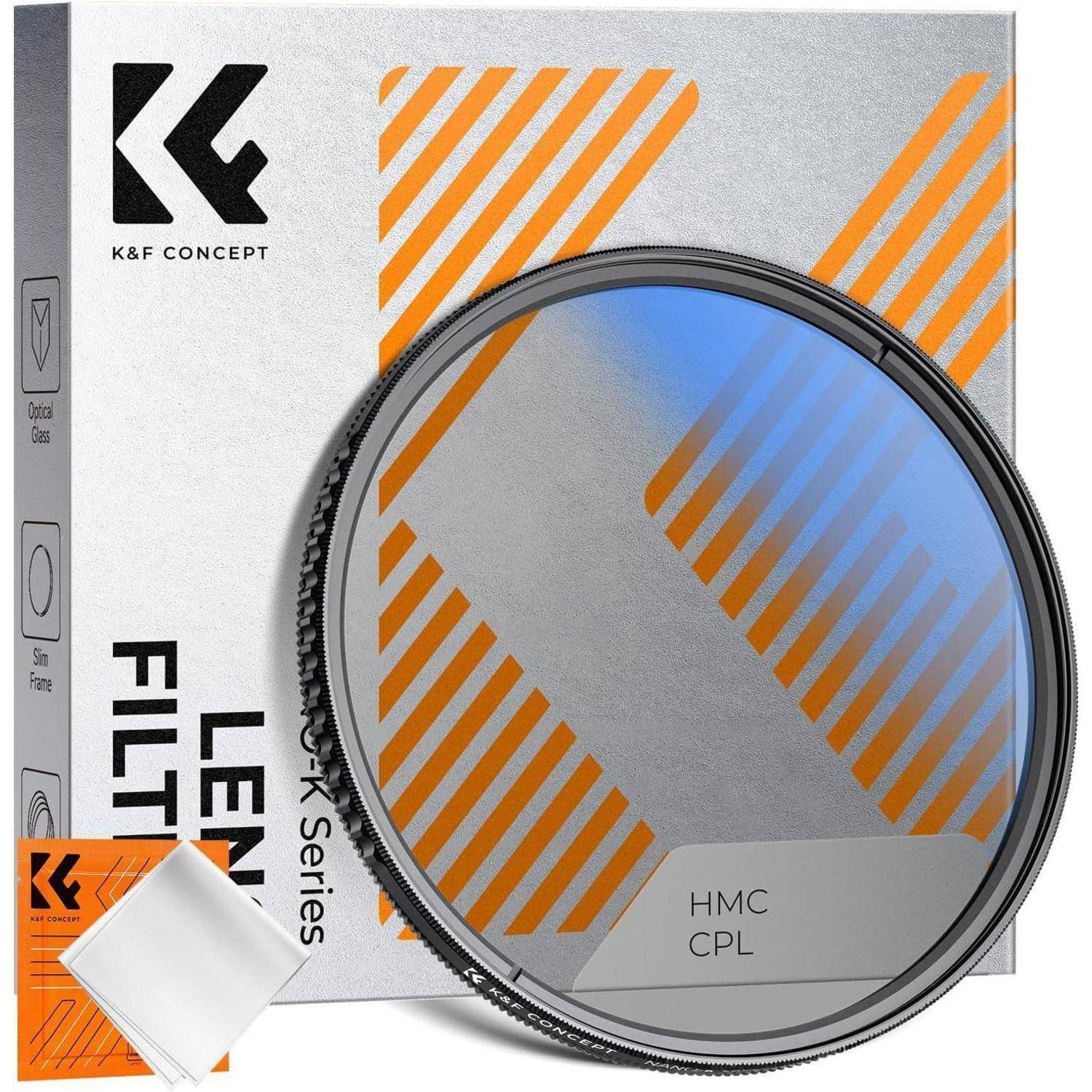 K&F Concept HMC CPL-Filter neben seiner Verpackung, mit orangefarbener gestreifter Gestaltung. Der Filter ist mit einem Etikett zur Verbesserung der Fotografie versehen.